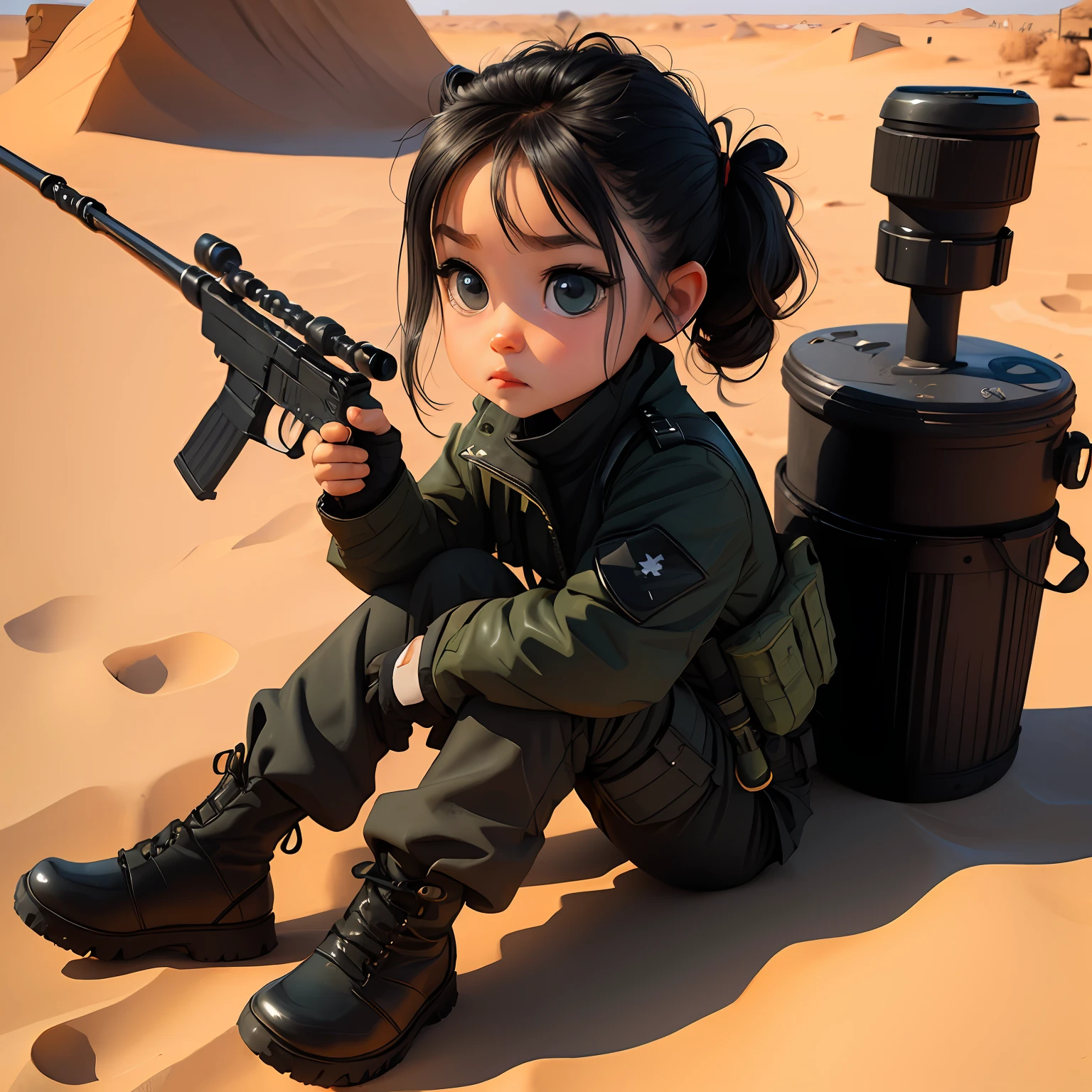 A work of art a  character ((chibi))  female with tied hair, realistic 3D style wearing black military uniform, holding sniper rifle, at the desert ,blue eyes, black hair, black jacket, belt, green cargo pants, fingerless gloves, cross-laced boots, crouched position