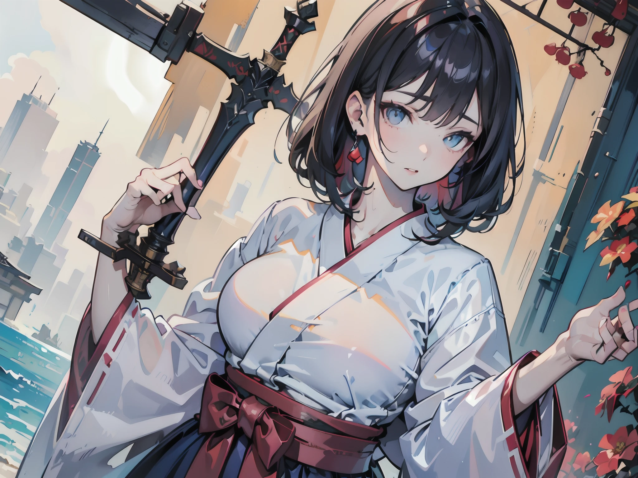 (Photorealsitic:1.4), fullllbody, 1girl in, ((独奏:1.4)), (beautifully detailed eyes), (beautiful and detailed face), Perfect female body, (neat figure:1.2), Slender waist, (18year old),Very big eyes, watery lips, (Sober haori hakama:1.4),(Pull out and hold the sword:1.4),(top-quality), (ultra-detailliert), (masuter piece), (hight resolution), (Original), (the Extremely Detailed CG Unity 8K Wallpapers), Character Design, Game CG, Detailed Manga Illustration, Realistic head-to-body size ratio:1.2