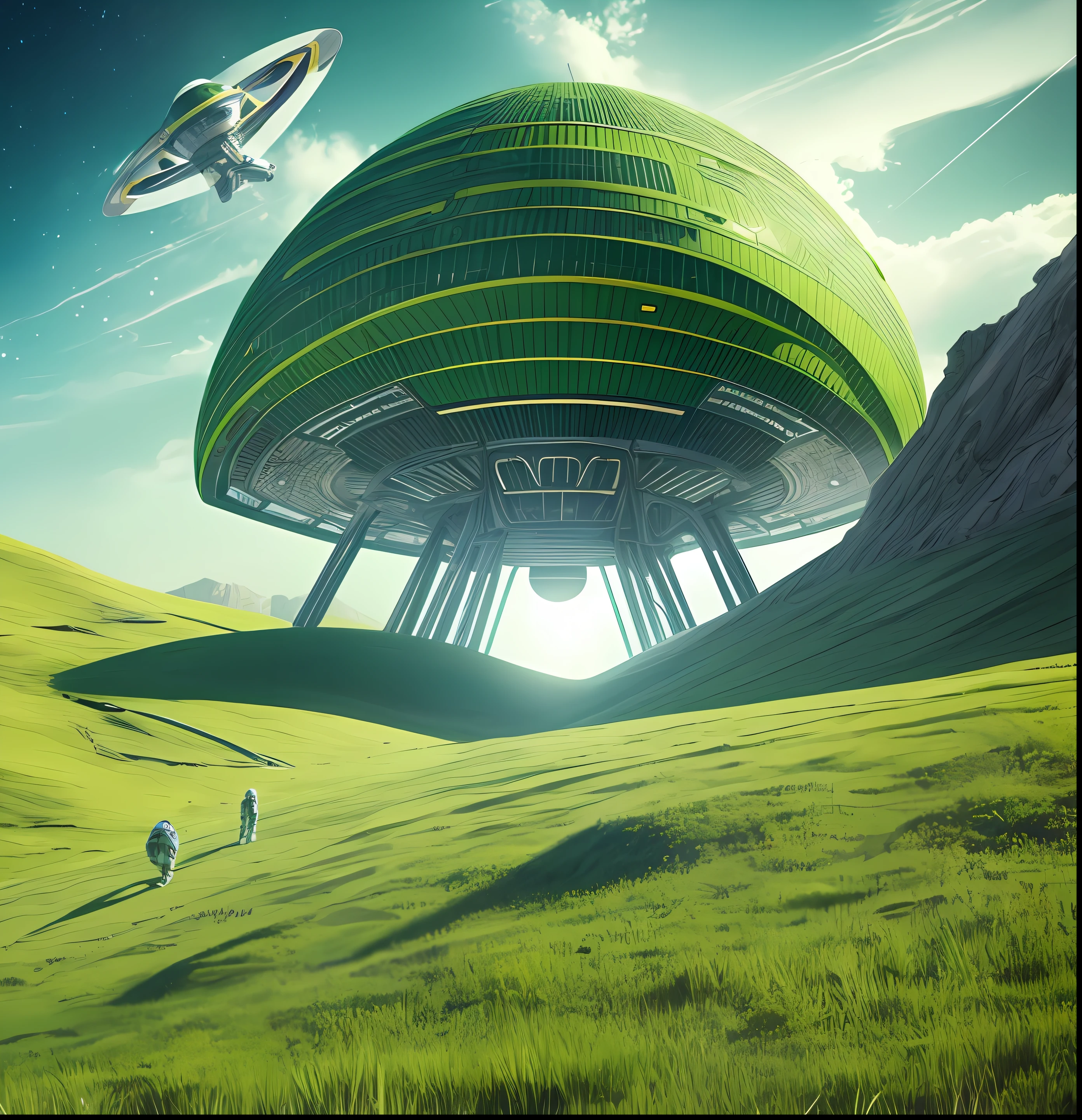 (spaceship,beautiful alien landscape,green, landing, grass, astronauts|explorers, valued lighting) --auto --s2