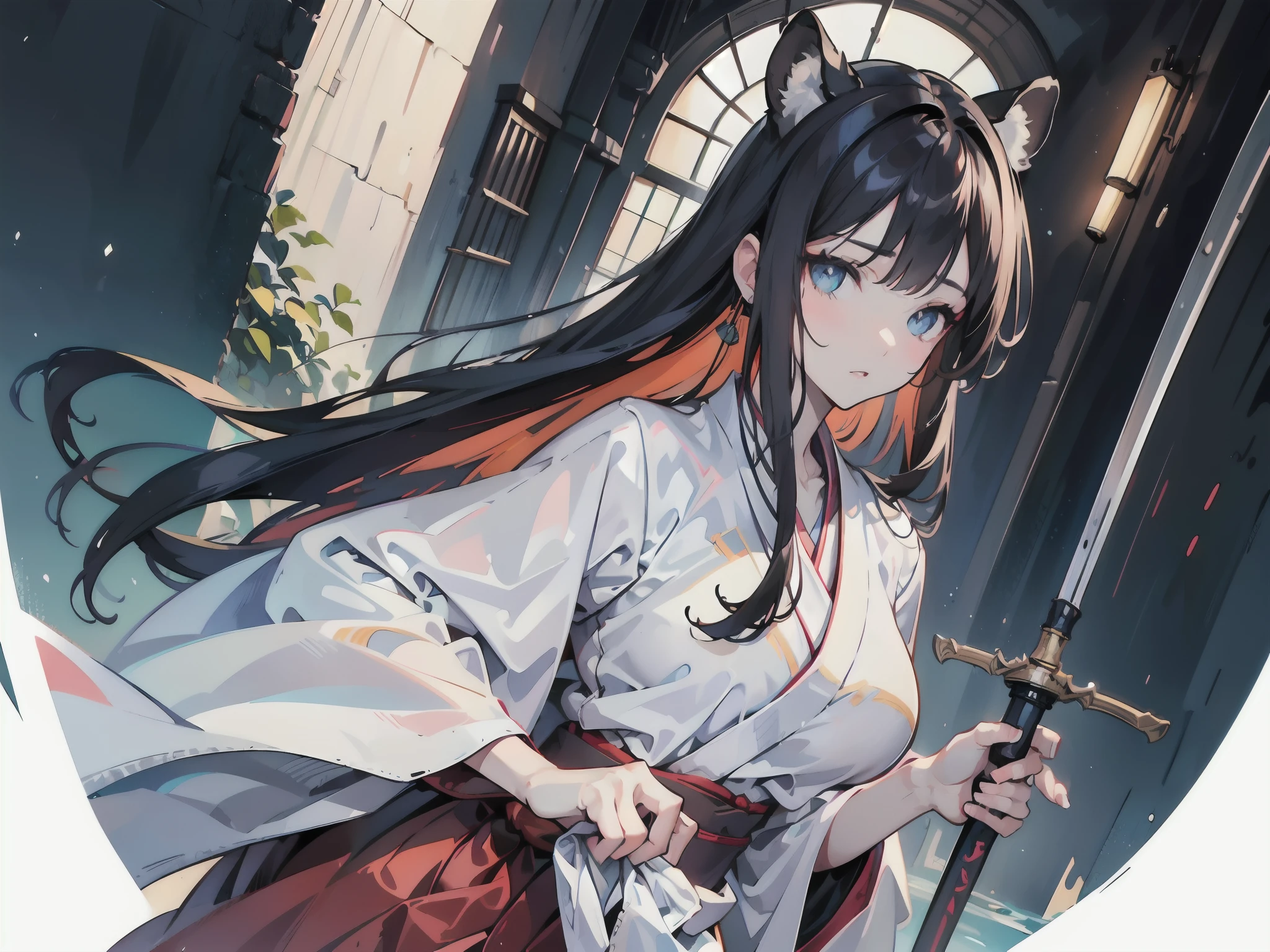 (Photorealsitic:1.4), fullllbody, 1girl in, ((独奏:1.4)), (beautifully detailed eyes), (beautiful and detailed face), Perfect female body, (neat figure:1.2), Slender waist, (18year old),Very big eyes, watery lips, (Sober haori hakama:1.4),(Pull out and hold the sword:1.4),(top-quality), (ultra-detailliert), (masuter piece), (hight resolution), (Original), (the Extremely Detailed CG Unity 8K Wallpapers), Character Design, Game CG, Detailed Manga Illustration, Realistic head-to-body size ratio:1.2