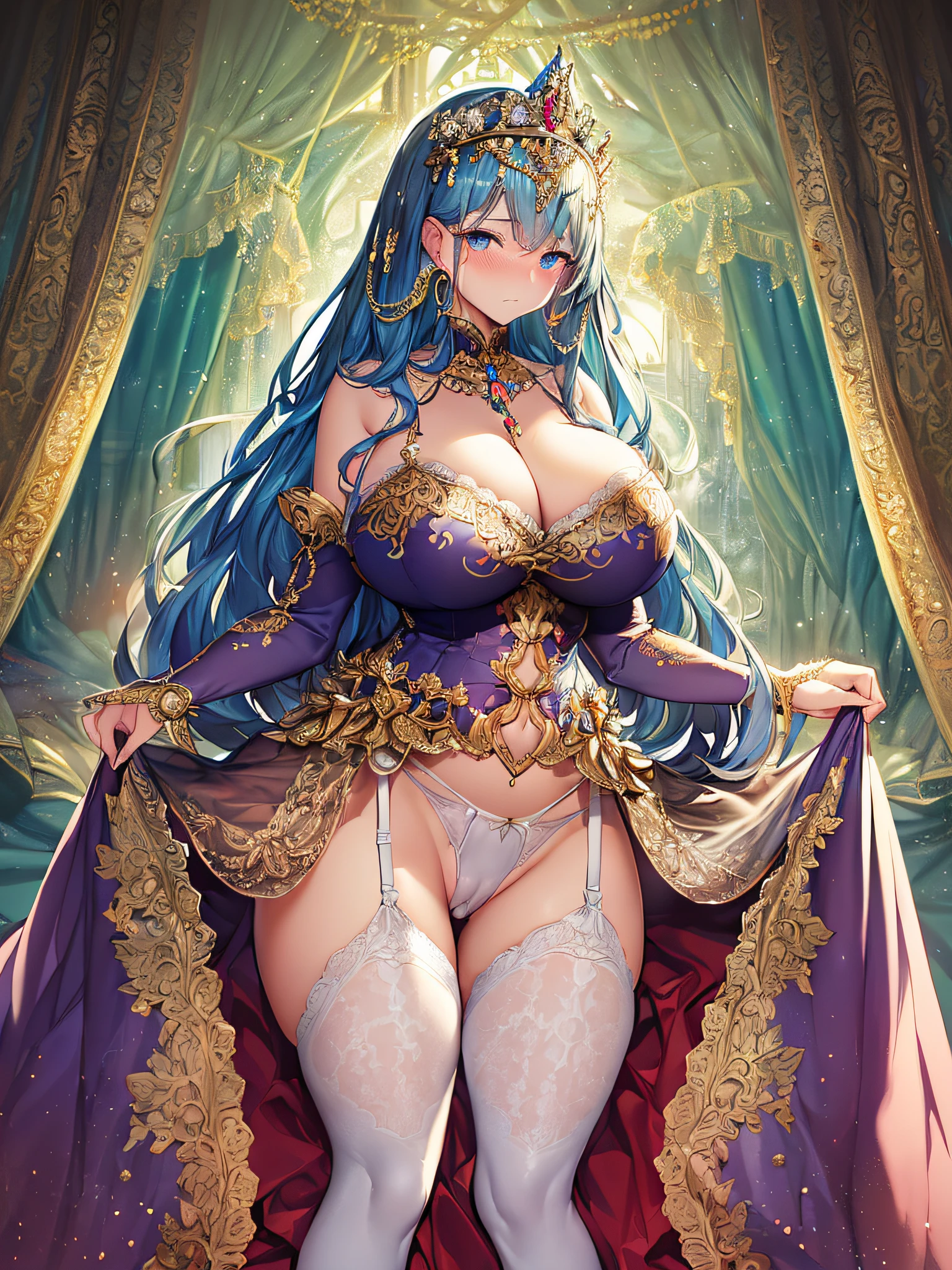 ((anime artstyle)),(Masterpiece),(Best Quality), (Super Detail),((Very Delicate and Beautiful)),(((Solo))),(1 princess in beautiful embroidery and jeweled gorgeous rococo ball gown dress with voluminous full length hoop skirt with a tucked up skirt)),royal bedroom,(((dress skirt lift by self))),((((Gorgeous embroidery and lace panties with jewels,cameltoe)))),garter belt,focus pantie,((bling-bling)),Long train,(bling-bling gorgeous gemstone jewelry),detailed face and eyes,jewel-like eyes,cry,((embarrassed)),((large amount of straight hair,extremely voluminous Very Long Hair,Very Long Straight Hair)),(((gigantic tits,Long tits))),cleavage,(gorgeousfull embroidery and lace),gorgeous corsage,See-through,extremely gorgeousfull hair ornament,bling-bling extremely gorgeousfull jeweled tiara,ornate ruffles,(hoop skirt,crinoline),((Dynamic Angle)),Looking at viewer,((full body)),((beautiful embroidery and jeweled extremely gorgeous rococo ball gown dress with voluminous full length hoop skirt)),focus pantie,