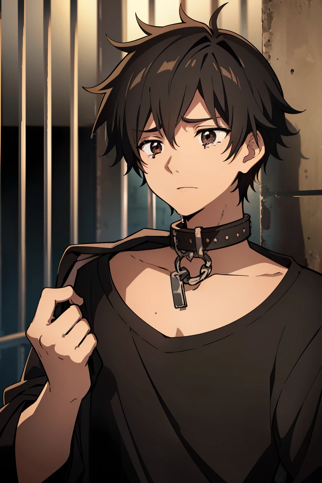 A male, r, 17 yearder-length messy black hair, tears streaming down his face as he holds the iron prison bars, humble dirty brown clothes, trapped in a dirty underground, iron collar fastened around his neck. frontal camera"