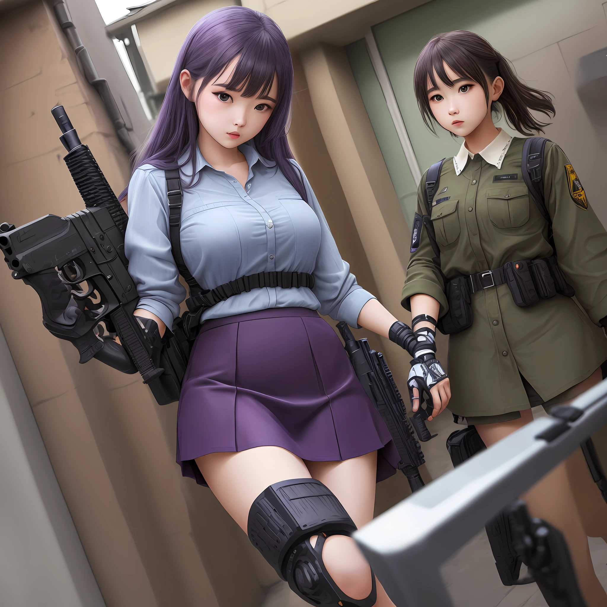 Girls Purple and black clothes Short skirt Assault rifle Left hand prosthesis Change magazine