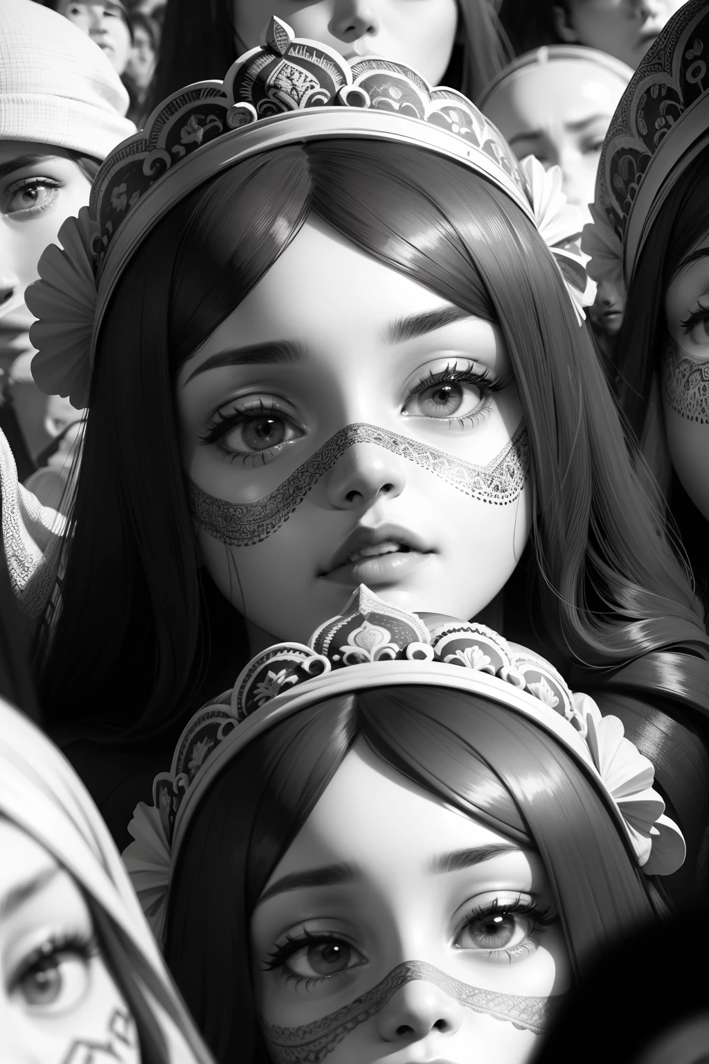 a black and white drawing of a crowd of people with faces, crowded people, big human faces everywhere, very crowded, face doodles, closeup at the faces, crowded, closeup faces, crowded place, details faces, ornate patterned people, faces and characters, diverse faces, crowded and populated, very detailed faces, faces, multiple faces, detailed faces