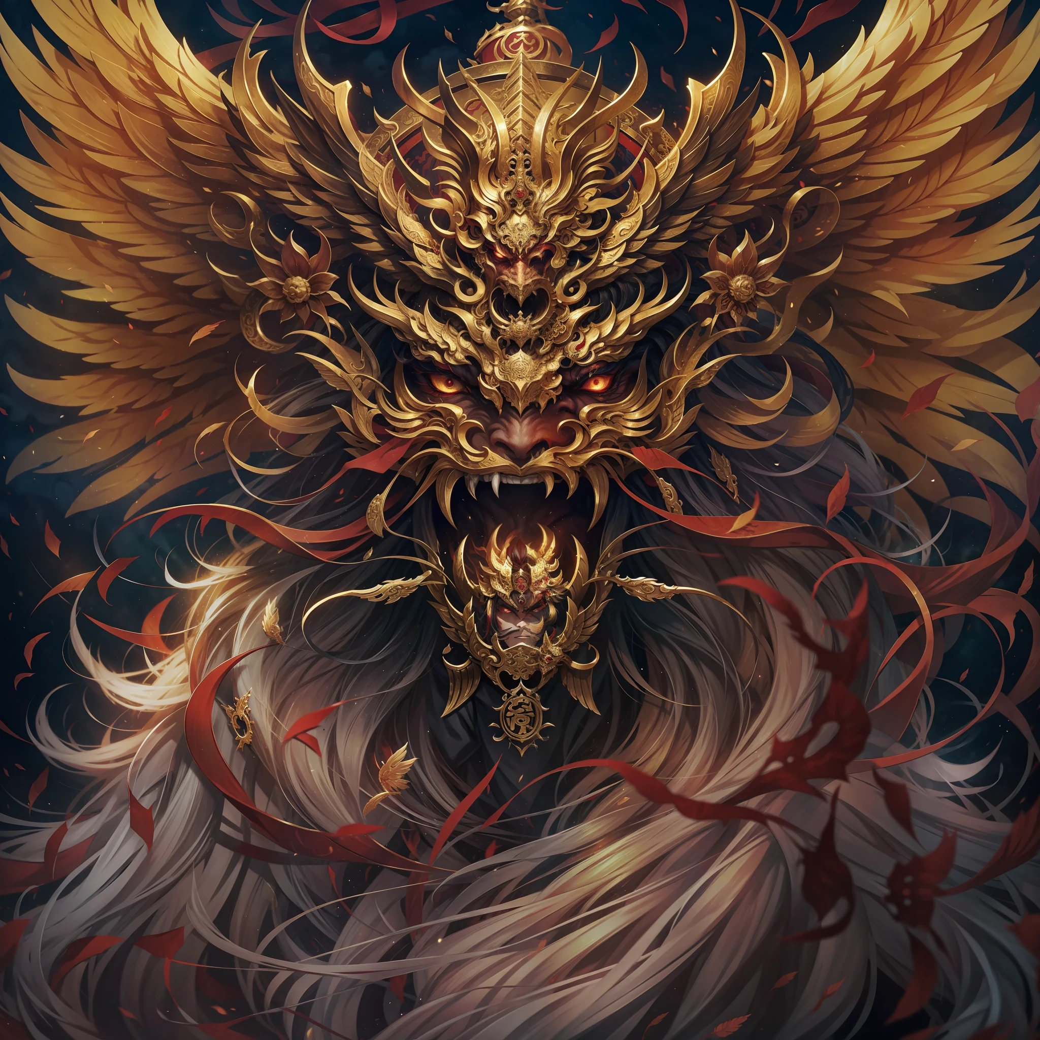 Chinese mythology and stories，Journey，Golden-winged Roc Demon King，closeup of face，See the throat，Open your mouth，tosen，Fierce eyes，Blood，A mouth full of blood，Dripping blood，Puffing，massive wings，Thick feathers，feater，up-close，Sharp focus，best qualtiy，8K分辨率，tmasterpiece，Works of masters，