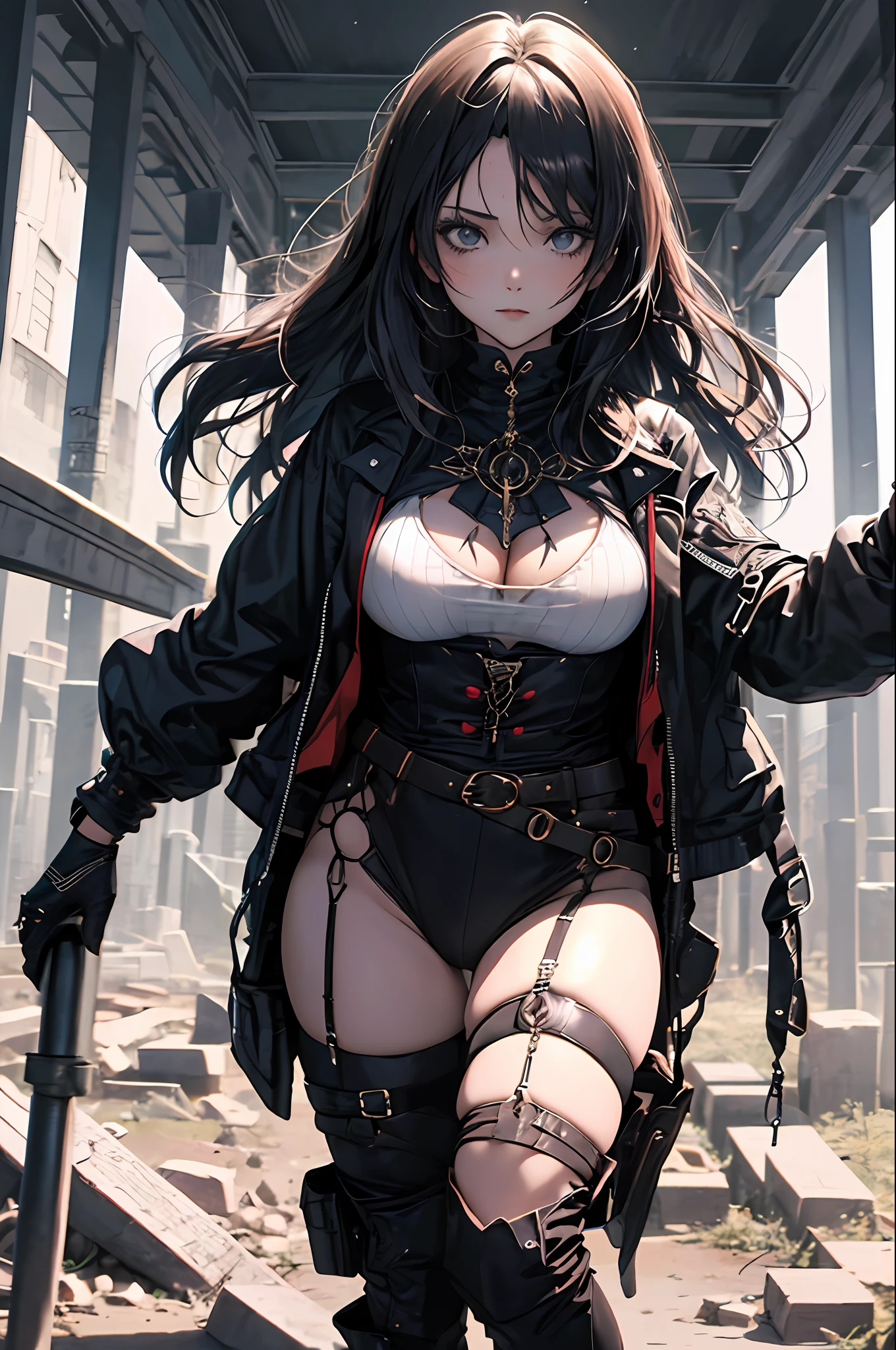 Jovem, femenina, dark, imagem macabra e assustadora, pose frontal, roupas profanas, estilo anime