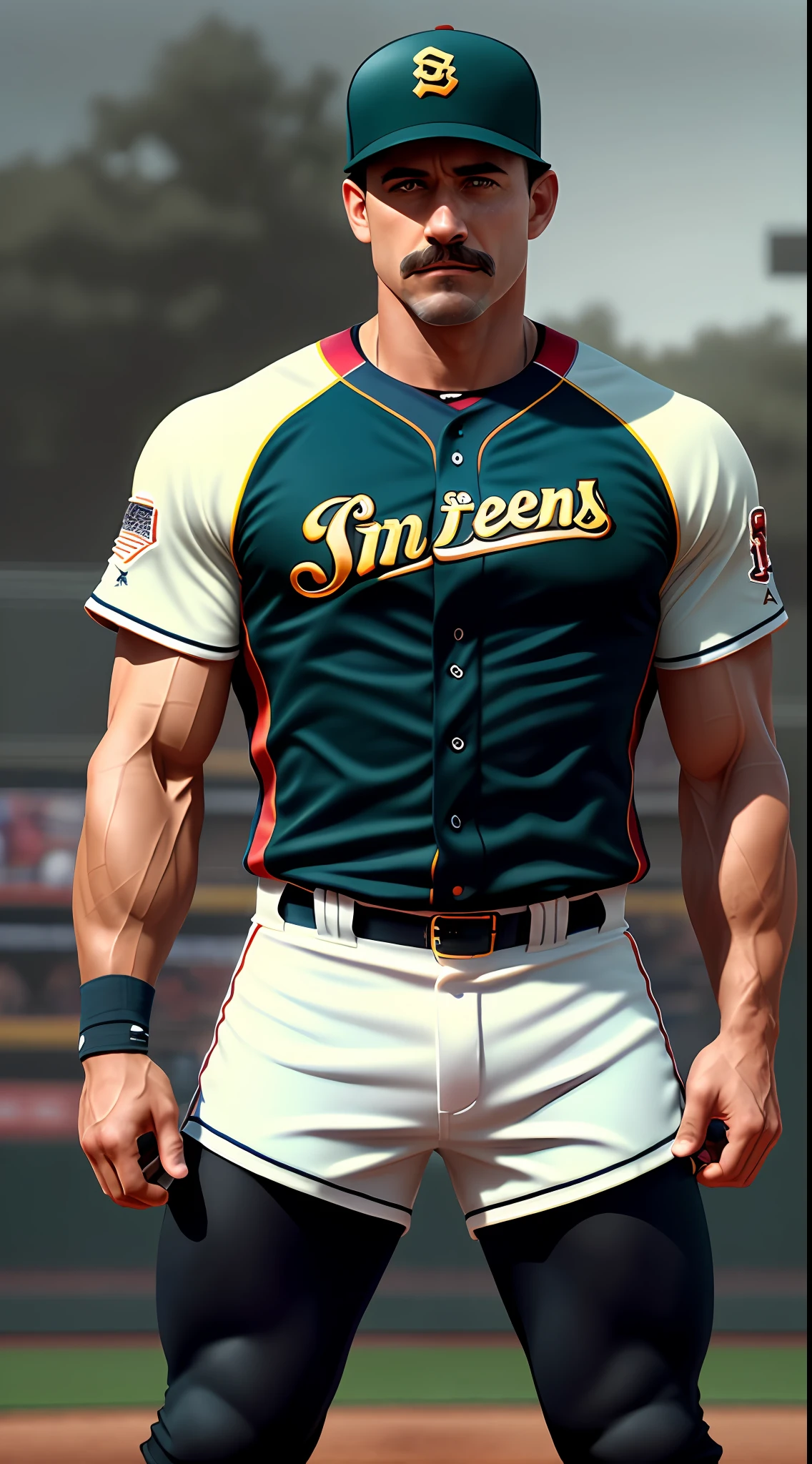 Strong muscular man,36 years old,with short black hair,short mustache,Baseball uniforms,baseball cap,epic realistic,photore,faded,On the baseball field,Hilarious background,soaking wet,com cores neutras,((((hdr)))), ((((muted colors)))),Complex scenes, artstation, Complicated details, vignet