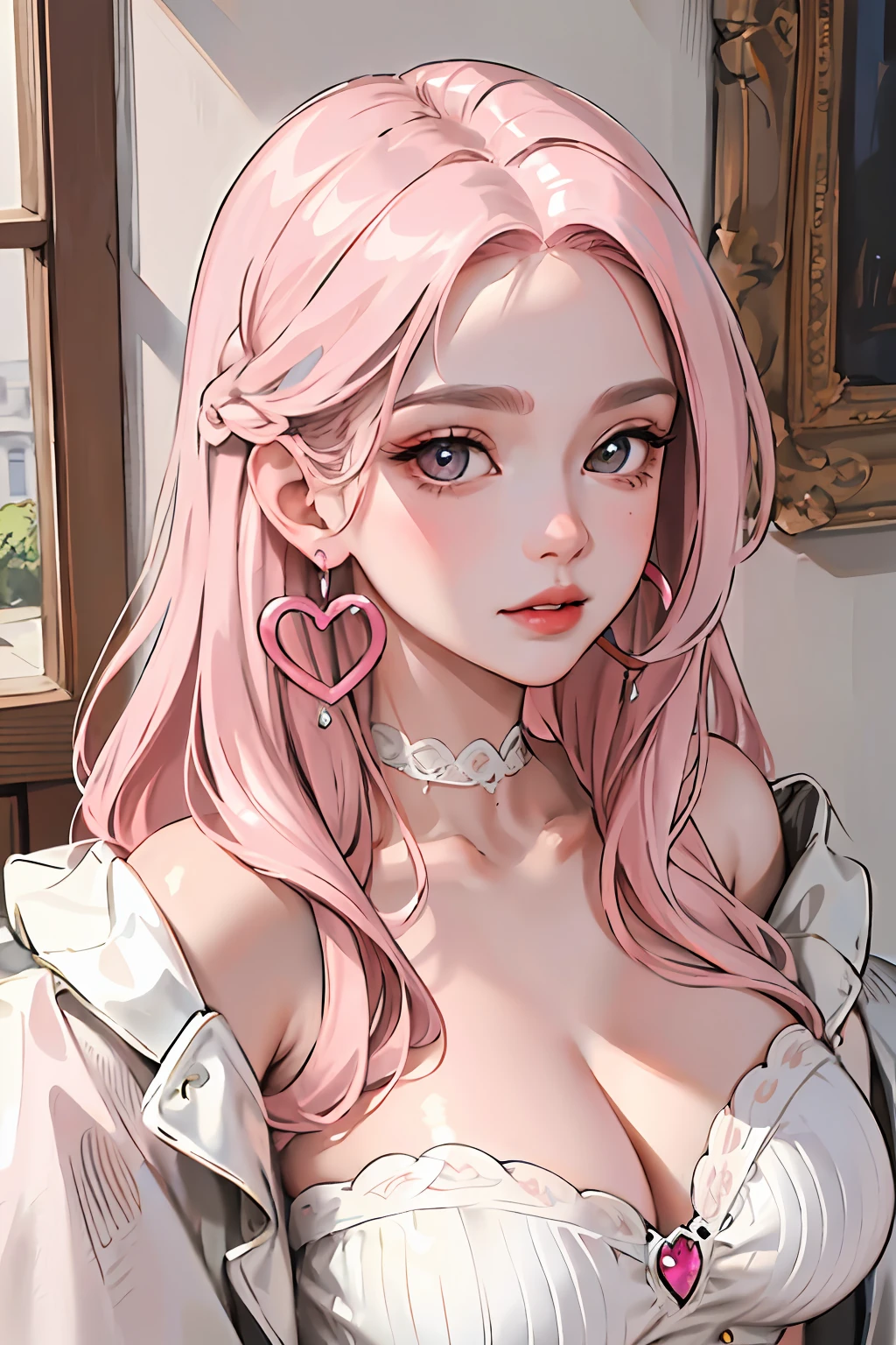 (masterpiece:1.2, best quality), (real photo, intricate detail), solo, 1milf, house, close-up of face, dress , (front focus), large round earrings, jewelry, Look at me, slightly wavy hair, long hair, pink hair, layered hair, heart lips, big eyes