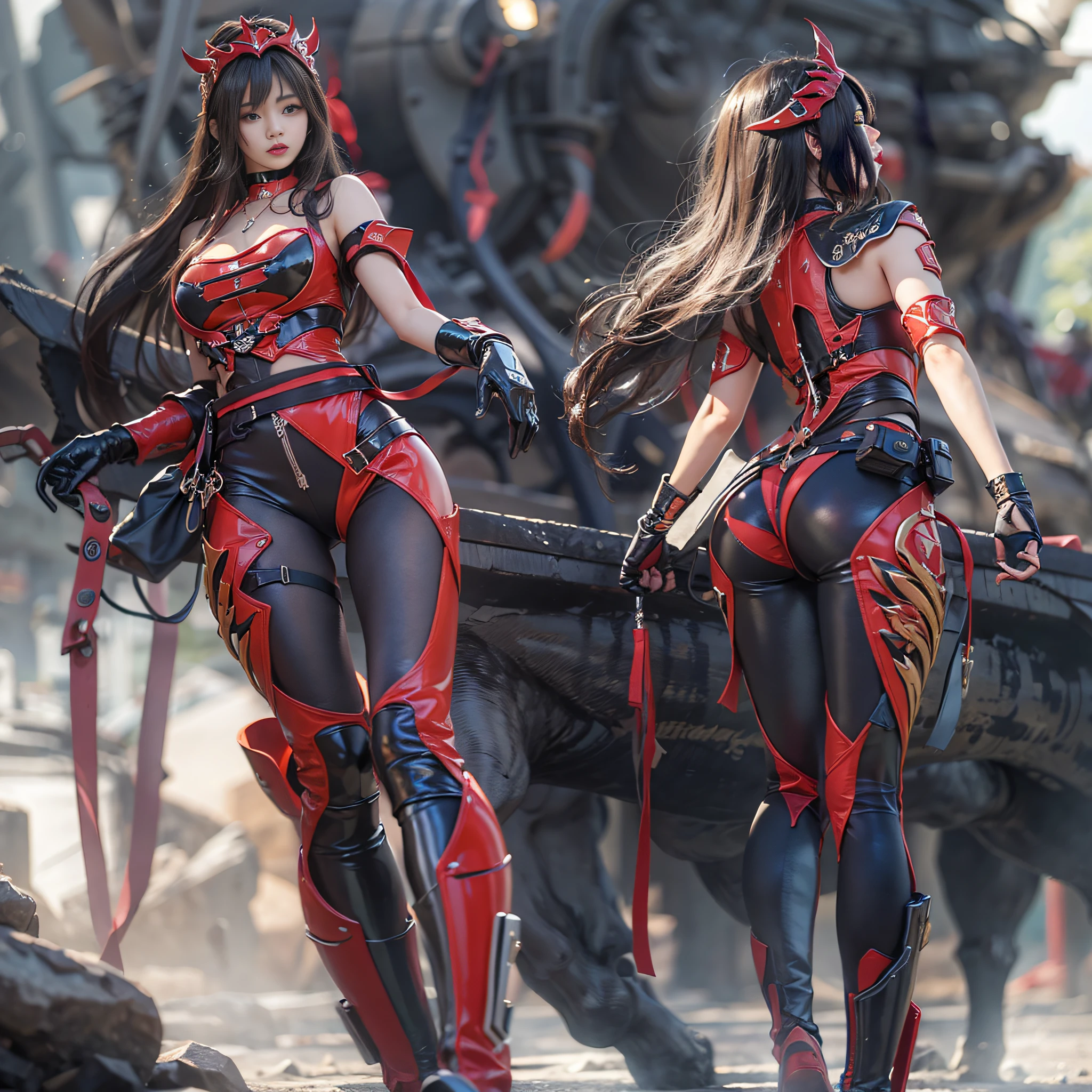 ((​masterpiece:1.4)、(top-quality:1.4)、(reallistic:1.7))、Otherworldly mercenaries、Beautiful Beautiful Girl Mercenary、Super beauty、Sexy Daughter、1girl in、Uniforms suitable for combat、latex shiny、Latex bodysuit、age19、Super Ultra Ultra Bikini、Looking Back Beauty、Outstanding style、Slender Abs、Anatomically correct limbs、Anatomically correct body structure、Realistic standard body shape、beauty legs、Beautiful ass、A detailed eye、beautidful eyes、Raw photo、red-lips、Red boots、a choker、a necklace、耳Nipple Ring、The world of otherworldly mythology