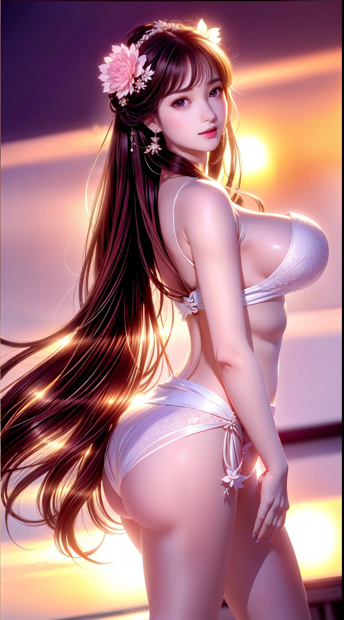 tmasterpiece,Works of masters,best qualtiy,Highest high resolution,Clear texture,great clarity,Kizi,Stunning appearance,Brown hair long,horse tailed,flower hair ornaments,Big bright eyes,Tall nose,lipsticks,perfect bodies,Wearing a black bikini,huge tit,3D,delicated,full bodyesbian,sea beach ,best illuminate,softlighting,独奏,Very realistic