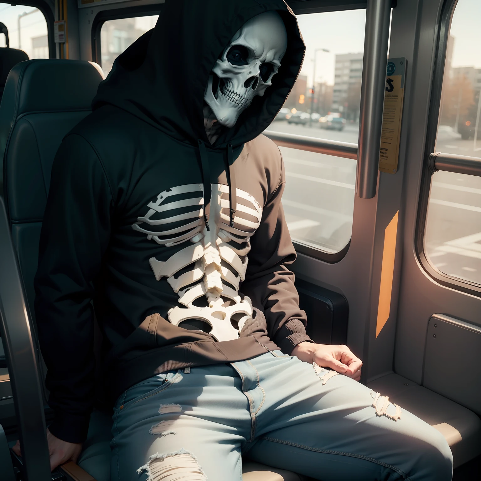 Skeleton head, riding bus, looking out window, hoodie, hood down, jeans, solo, muscular