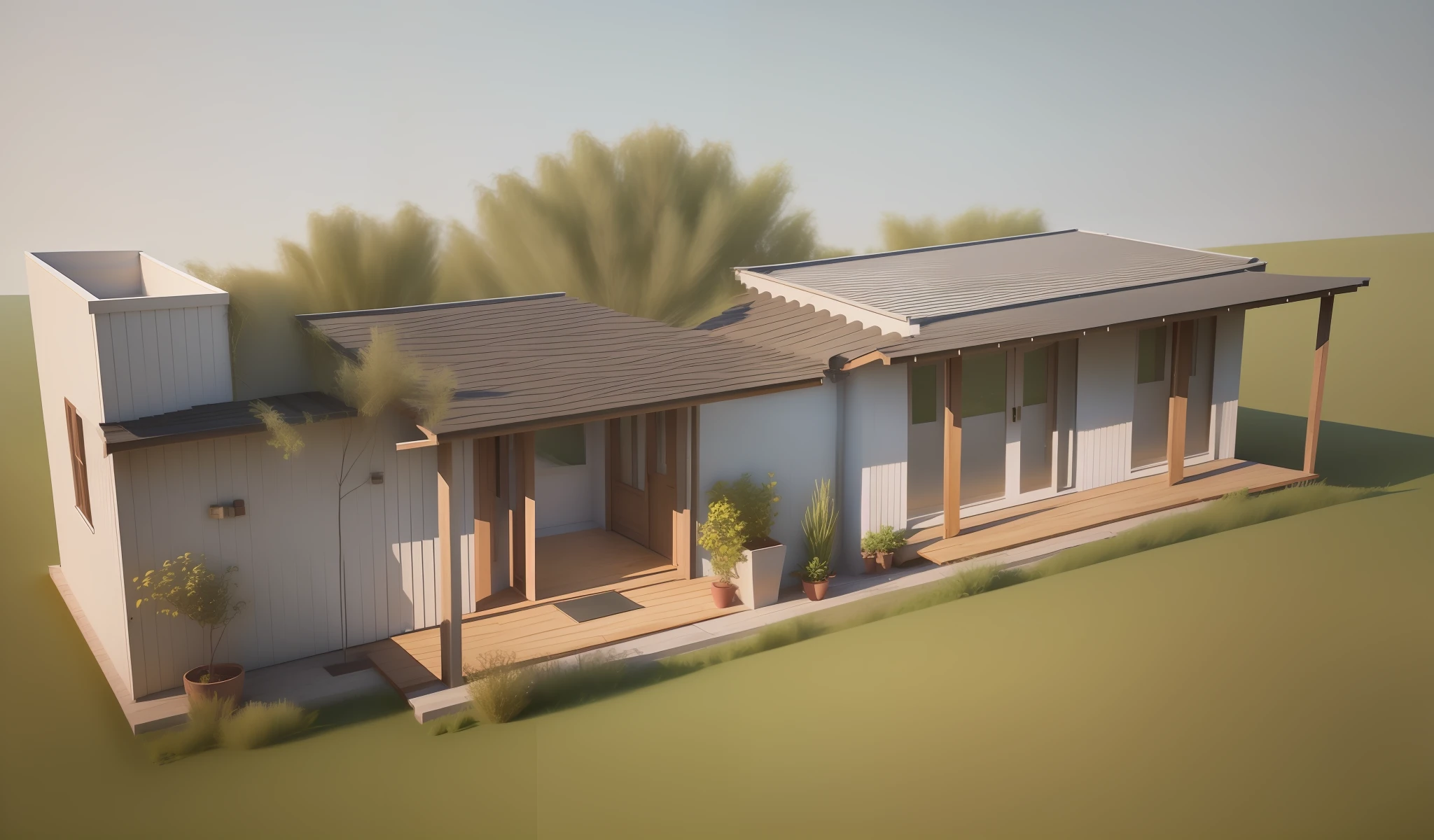 a drawing of a house with a porch and a covered porch, 3/4 view, 3 / 4 view, conceptual rendering, rendered, render, pre-rendered, concept drawing, rendered 3d model, concept image, a digital rendering, 3 - d render, 3 d perspective, rendered image, perspective view, digital rendering, 3d rendered model, isometric view --auto