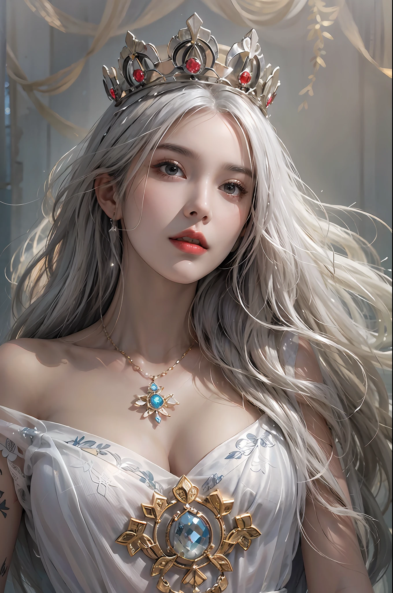 photorealistic, high resolution, 1women, solo, hips up, look at viewer, (detailed face), white hair, long hair, dress, Miss Universe, crown, jewelry, tattoo