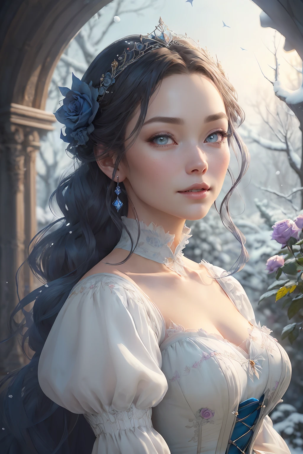 This is realistic (((fantasy))) artwork set in the frozen rose garden of an enchanted ice castle in winter. It is snowing heavily. Generate a proud woman with a (((highly detailed face))) dressed in the billowing folds of a stunning French silk ballgown. The woman's elegant face is ((((highly detailed, with realistic features and soft, puffy lips.)))) The ballgown is embellished with ruffles, sashes, and bows and a delicately, but intricately, hand-embroidered bodice. The corset features silk ribbon. She is wearing Victorian royal winter outer clothes. The woman's stunning eyes are beautifully detailed, featuring realistic shading and multiple colors, and in high resolution. The woman is in a garden of eternal roses, each one beautifully formed and highly detailed. These realistic roses feature shimmering shades of light blue, dark blue, silver, and glimmering blue-purple. The eternal rose is a deep shade of periwinkle with shimmering pink overtones and undertones. Ensure that the woman's face, hair, and eyes are perfect. realism, high fantasy, whimsical fantasy, storybook fantasy, fairytale fantasy, fantasy details, enchanting, bewitching, 8k, hires, CGI, digital painting, unity, unreal engine, (((masterpiece))), intricate, elegant, highly detailed, majestic, digital photography, art by artgerm and ruan jia and Greg Rutkowski, (masterpiece, finely detailed beautiful eyes: 1.2), hdr, realistic skin texture, (((1woman))), (((solo))), Include a highly detailed face, extremely detailed face, and interesting background.