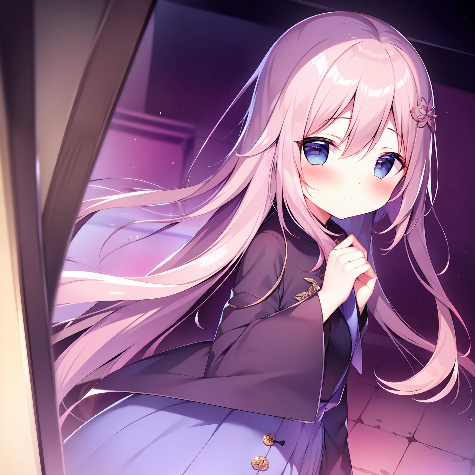 tmasterpiece，Best quality at best，1girll，独奏，lookingat_at_peeping at the viewer，By bangs，Mono Color，The upper part of the body，Closed_Mouth，purple_Background，A pink-haired，eBlue eyes