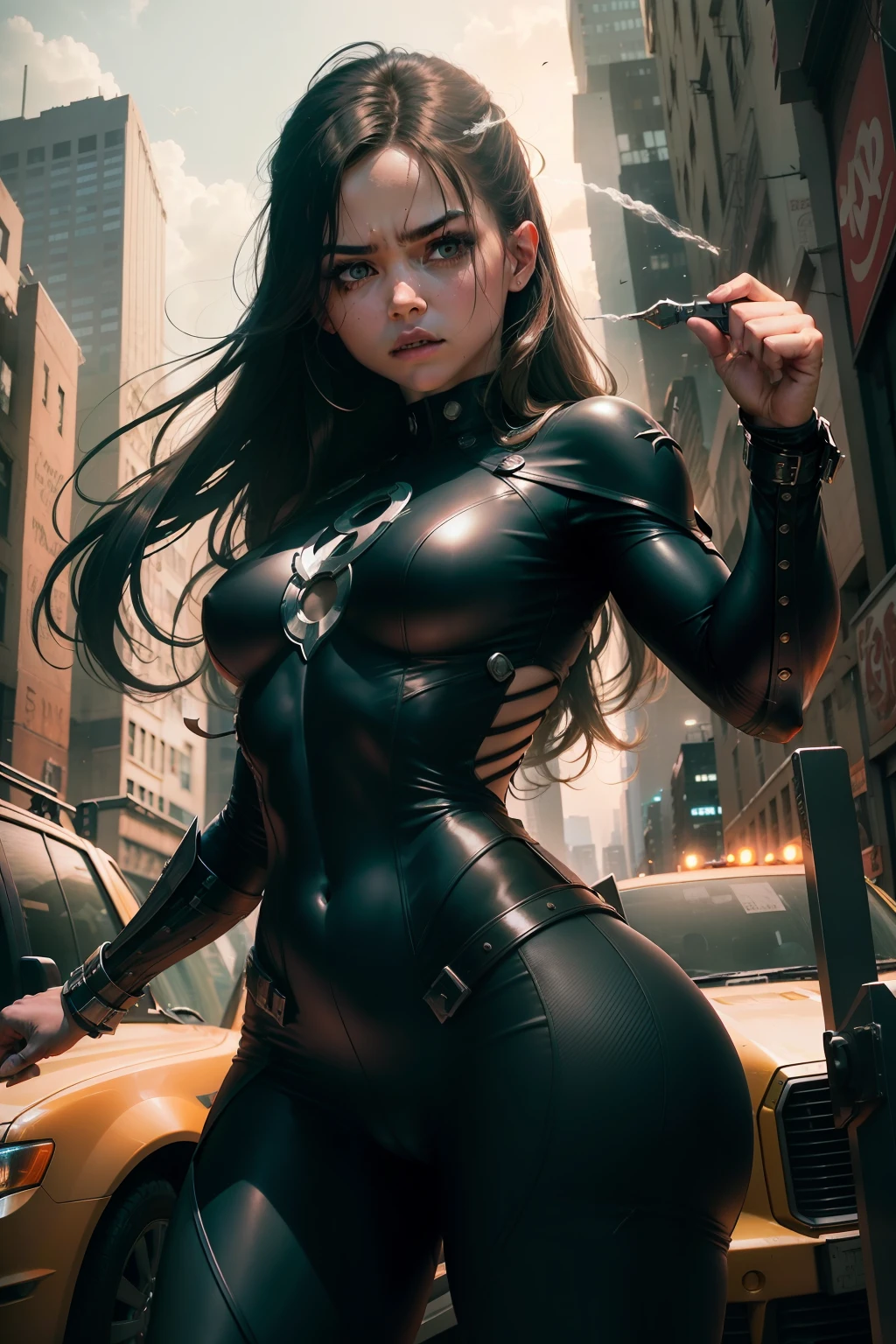 "A girl in an iconic Marvel character, carcaju, em uniforme amarelo, adota uma postura agressiva, His sharp adamantium claws stretched menacingly. The composition captures carcashew in a long shot, permitindo que o espectador absorva a totalidade de sua postura. feroz. The camera lens used for this The photo is 70mm, increasing the sense of depth and scale. The backdrop is in a chaotic New York City, enfatizando a intensidade da batalha. The lighting is dim, com poucas fontes dispersas, casting deep shadows that enhance the gloomy atmosphere. The desired style for this photorealistic image is cinematic, evocando o escuro, dark aesthetics often found in Marvel action movies."