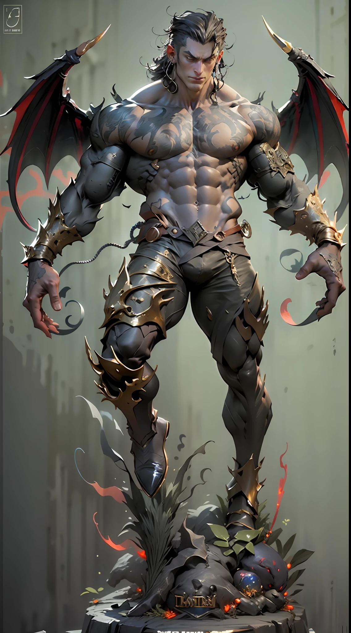 Sculpture design，GK model，The whole body of the character，Handsome demon，satan，sexy for，Wings，Handsome，Expose muscles，（base），A masterpiece of muscle reality，musculous