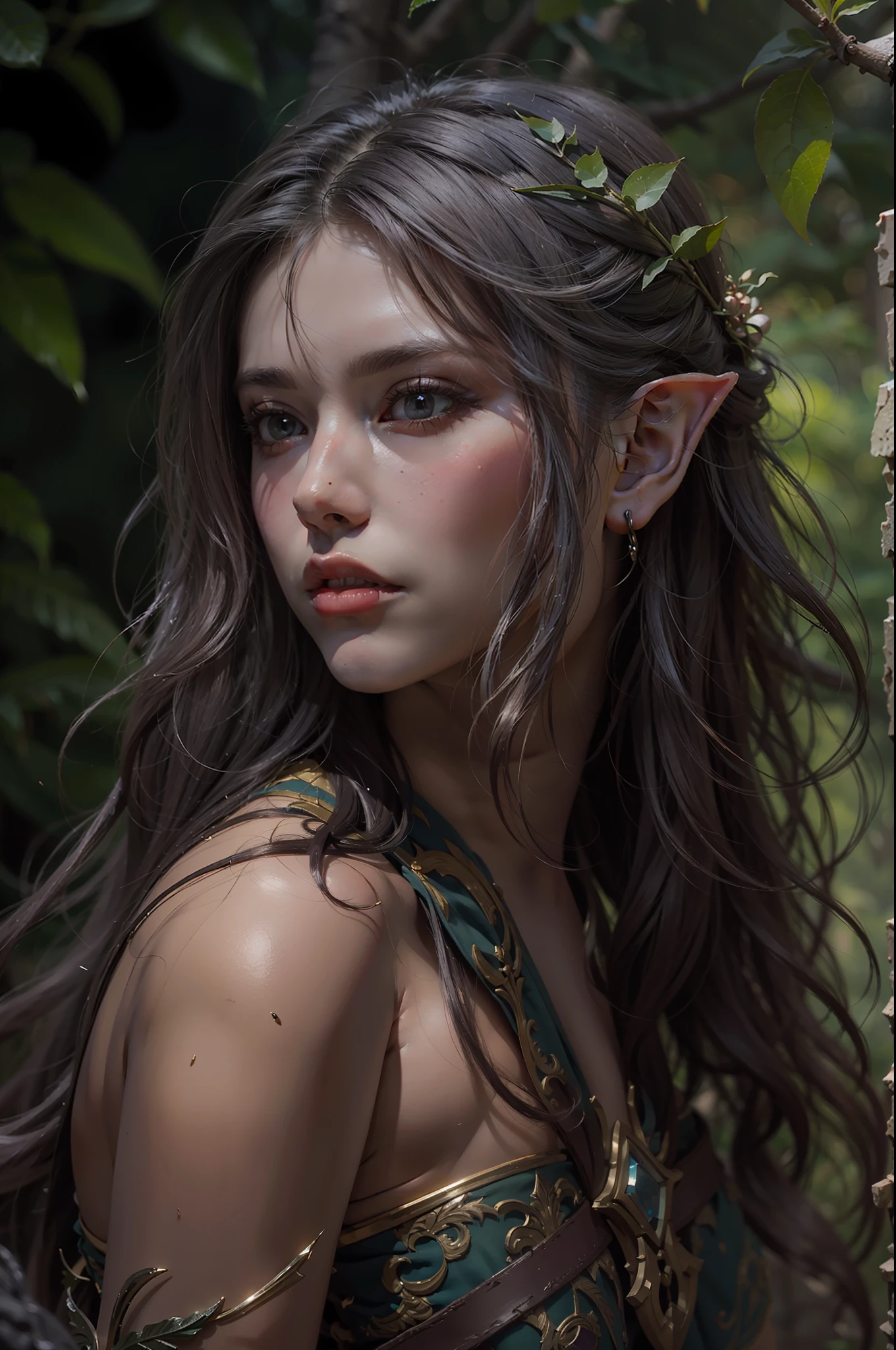 Beautiful painting of perfect naked female elf warrior, shapeless long hair, perfect features, beauty, near perfection, pure form, dynamic pose, ethereal background, (deep dark shadows), (strong cinematic lighting), (back lighting), concept art by Greg Rutkowski and John William Waterhouse and Alphonse Mucha, intricate detail, 8k post-production, High resolution, super Detail, trending on ArtStation, sharp focus, depth of field f/1.8, studio photos, (((looking at camera)))