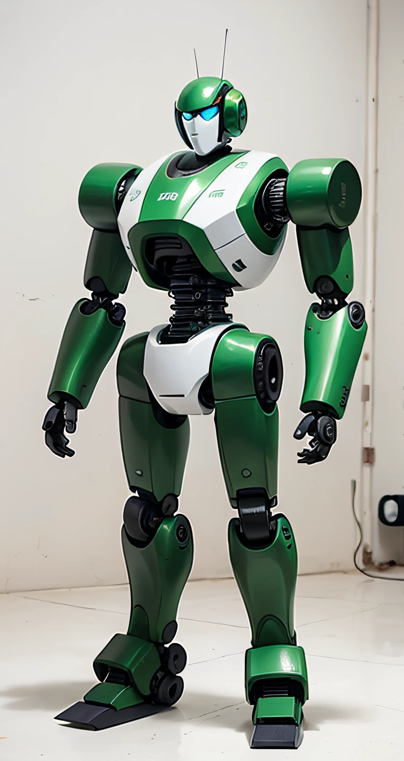 create an image of a robot with green and white colors, full body, robot face, in the background a white wall