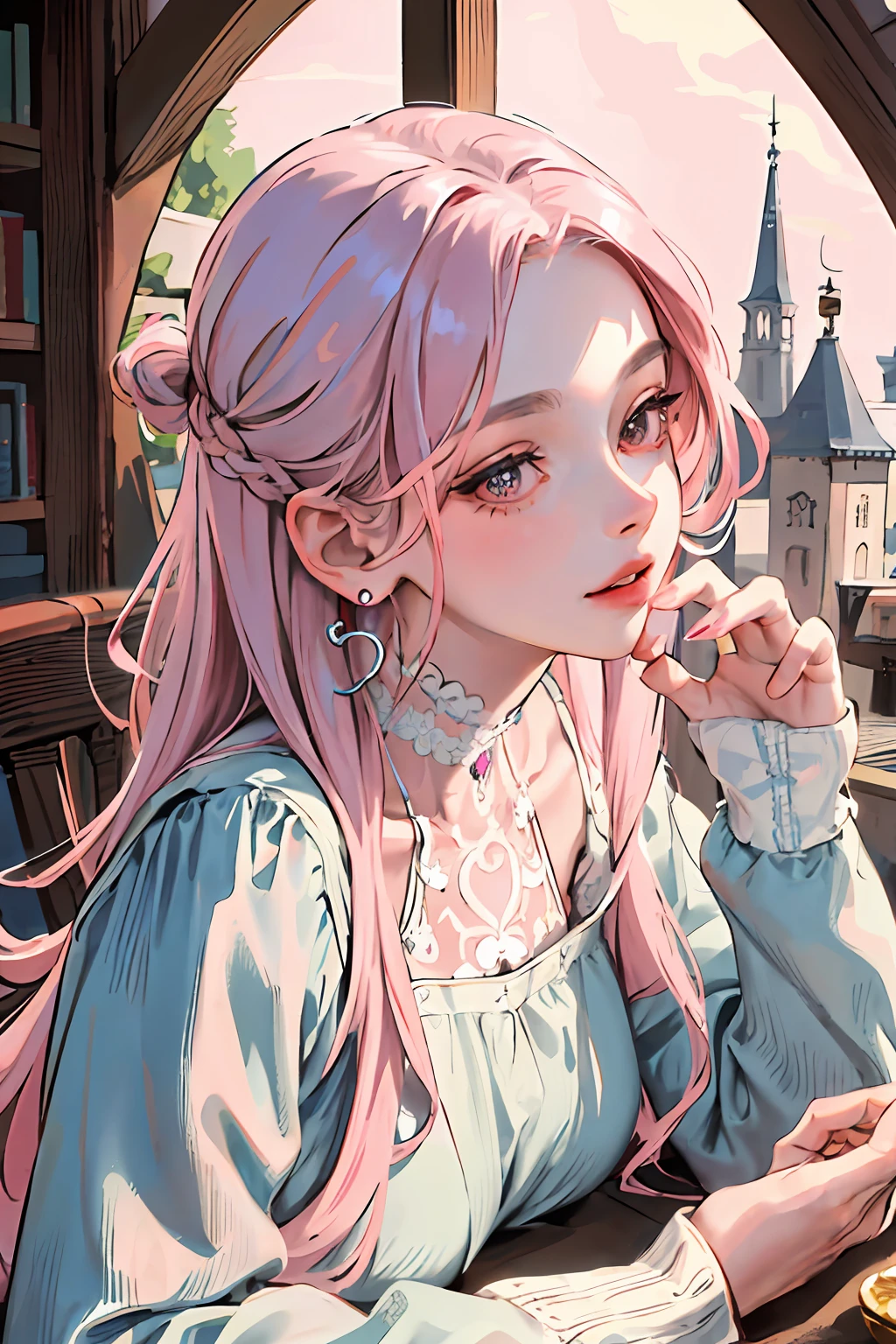 (masterpiece:1.2, best quality), (real photo, intricate details),1 18 year old girl, solo, house, close-up of face, dress, (front focus), large round earrings , jewelry, People looking, slightly wavy hair, long hair, pink hair, layered hair, heart lips, big round eyes, thin, slim