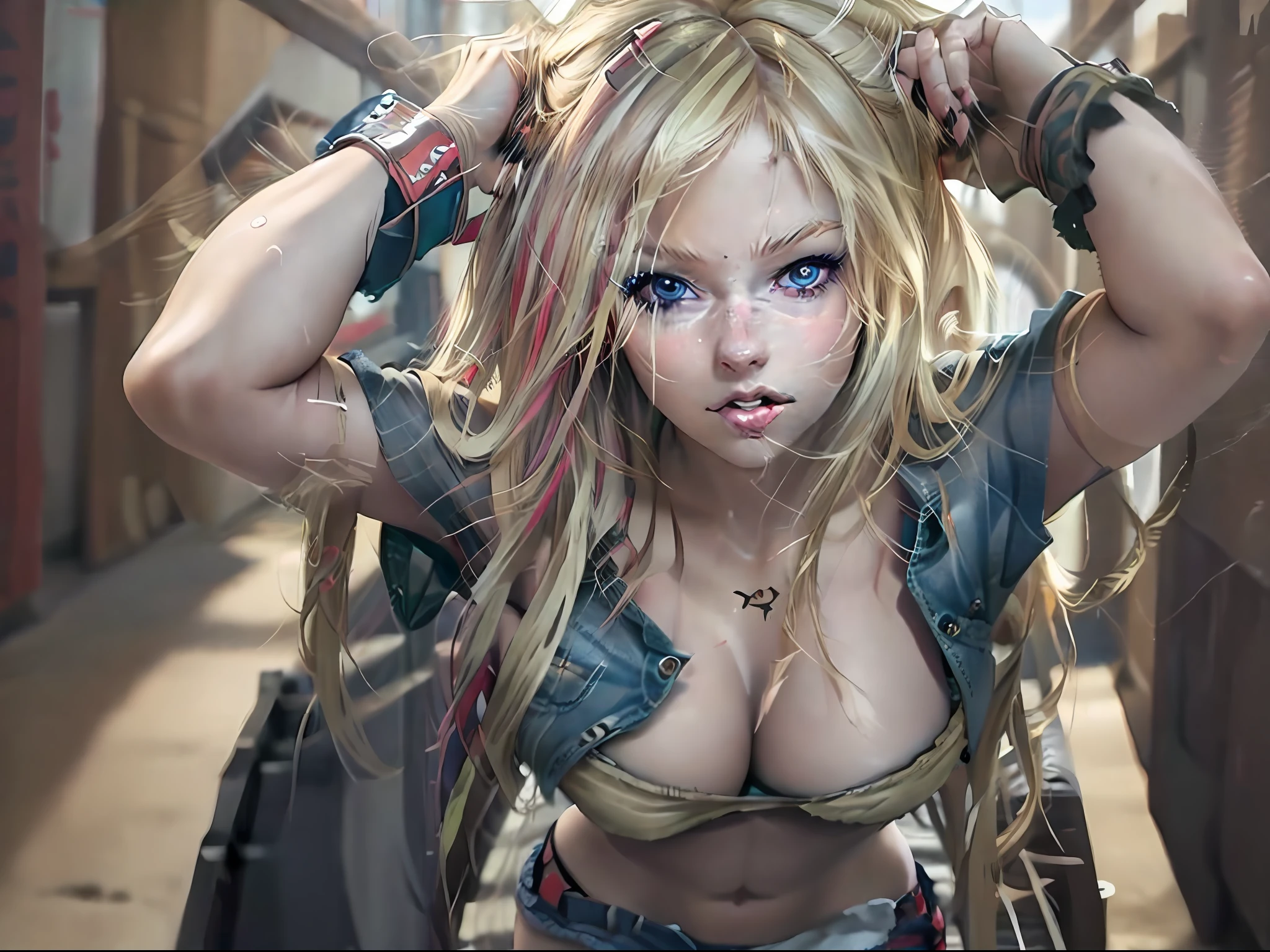 masterpiece, best_quality, 1girl, dark-skinned_female, blonde_eyes, red_eyes, large_breasts, gyaru, makeup, shorts, denim_shorts, crop_top, navel, midriff, toned, (abs:0.8),