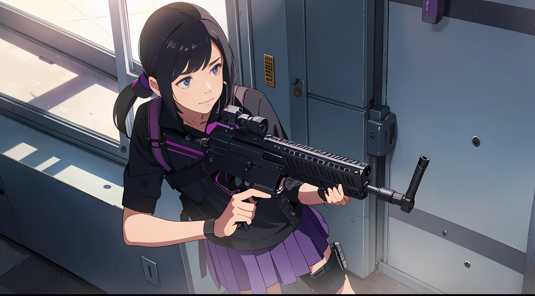 Girl Purple and black clothes Short skirt Assault rifle Left hand prosthesis Single realistic on roof --auto