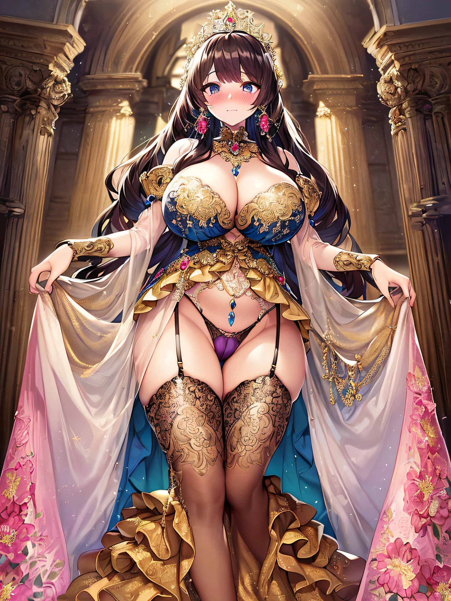 ((anime artstyle)),(Masterpiece),(Best Quality), (Super Detail),((Very Delicate and Beautiful)),(((Solo))),(1 princess in beautiful embroidery and jeweled gorgeous rococo ball gown dress with voluminous full length hoop skirt with a tucked up skirt)),royal bedroom,(((dress skirt lift by self))),((((Gorgeous embroidery and lace panties with jewels,cameltoe)))),garter belt,focus pantie,((bling-bling)),Long train,(bling-bling gorgeous gemstone jewelry),detailed face and eyes,jewel-like eyes,cry,((embarrassed)),((large amount of straight hair,extremely voluminous Very Long Hair,Very Long Straight Hair)),(((gigantic tits,Long tits))),cleavage,(gorgeousfull embroidery and lace),gorgeous corsage,See-through,extremely gorgeousfull hair ornament,bling-bling extremely gorgeousfull jeweled tiara,ornate ruffles,(hoop skirt,crinoline),((Dynamic Angle)),Looking at viewer,((full body)),((beautiful embroidery and jeweled extremely gorgeous rococo ball gown dress with voluminous full length hoop skirt)),focus pantie,