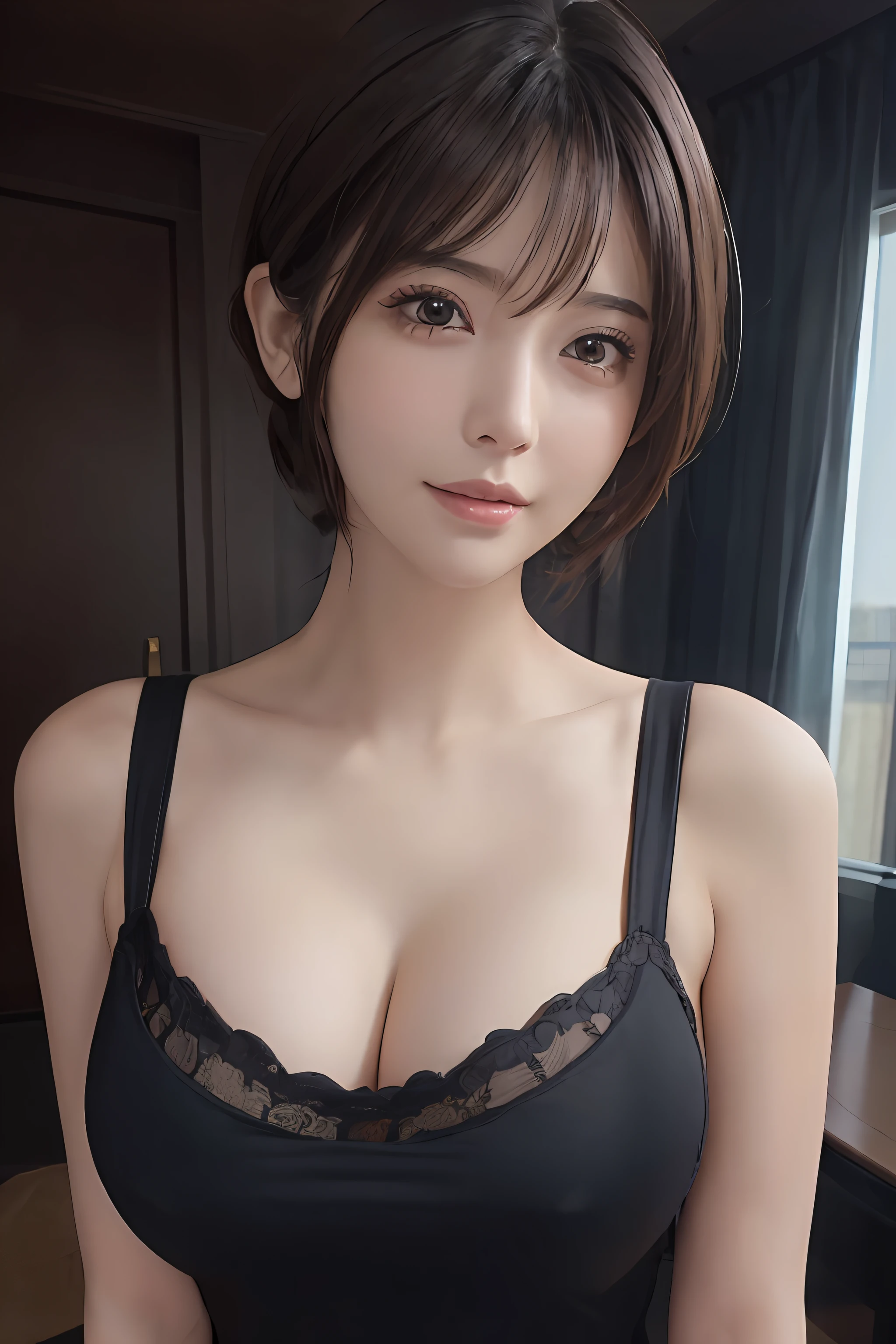 Photo of a young girl in a black tight cami、bangss、bare shoulders​、breastsout、Beautiful large breast、Chest squeezed together、Detailed luxury living room background、hair between eye、length hair、oval-face、二重まぶた、cparted lips、brown-eyed、独奏、(cleavage of the breast)、delicate and sexy(鎖骨:1.3)、 ligh brown hair、(shinny skin:0.8)、(​masterpiece:1.4)、(top-quality:1.4)、natural(huge tit:1.25)、glossy red lips、Perfect abs、(sheer fabrics)