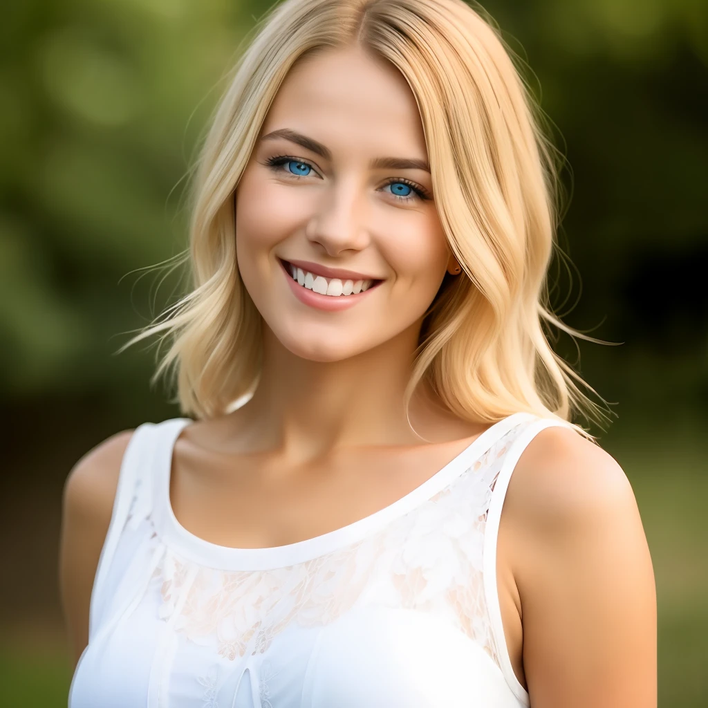 Blue eyes blonde woman looking forward smiling with super realistic 8k ultra hd HDR