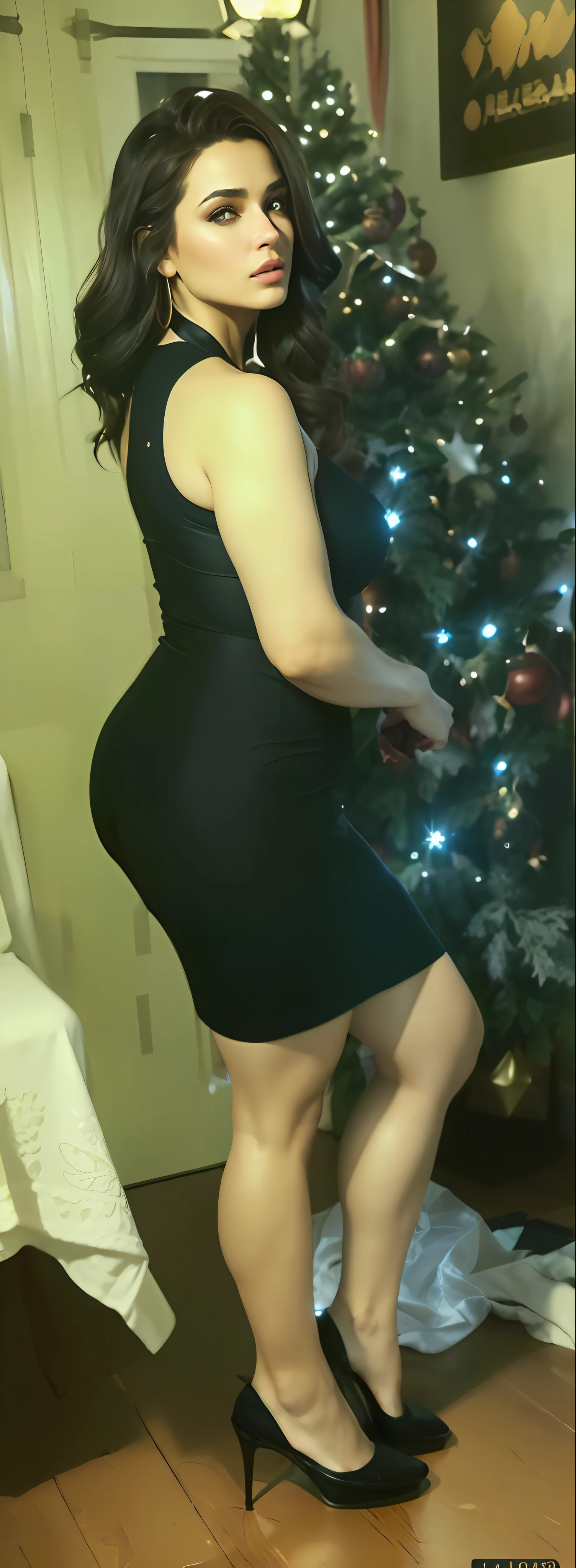 Bella mujer blanca con vestido negro ajustado, posando muy sensual adelante de un arbol de navidad, brown light hair, (((piel blanca))), (((pechos enormes, escote))), ((muslos gruesos, Figura de reloj de arena)), (Topless), (pezones pezones: 1.5) ( (labios rojos gruesos), ((ojos miel)), ((Cola de caballo larga)), Cinematographerrrealista, Cinematographer, obra maestra, realista, realismo, Cinematographerrrealismo, alto contraste, Digital Art Trend Realistic Photography on Artstation 8k HD High Definition Realistic Detailed, detallada, textura de la piel, hiper detallada, textura de la piel realista, armadura, mejor calidad, ultra-high-resolution (Cinematographerrrealista: 1.4), high resolusion, detallada, Raw photography, sharp re, By Lee Jeffries Nikon D850 Film Stock Photography 4 Kodak Portra 400 F1 Camera.6 Lens Rich Colors Hyperrealistic Realistic Texture Dramatic Lighting Unrealengine Trend in Artstation Cinestill 800,