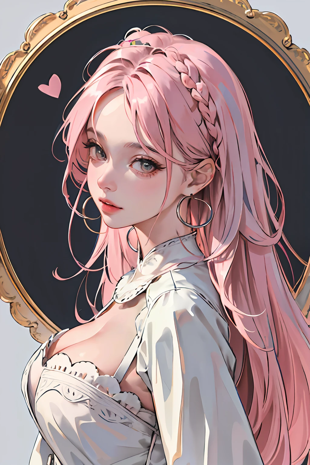(masterpiece:1.2, best quality), (real photo, intricate details),1 18 year old girl, solo, house, close-up of face, dress, (front focus), large round earrings , jewelry, People looking, slightly wavy hair, long hair, pink hair, layered hair, heart lips, big round eyes, thin, slim