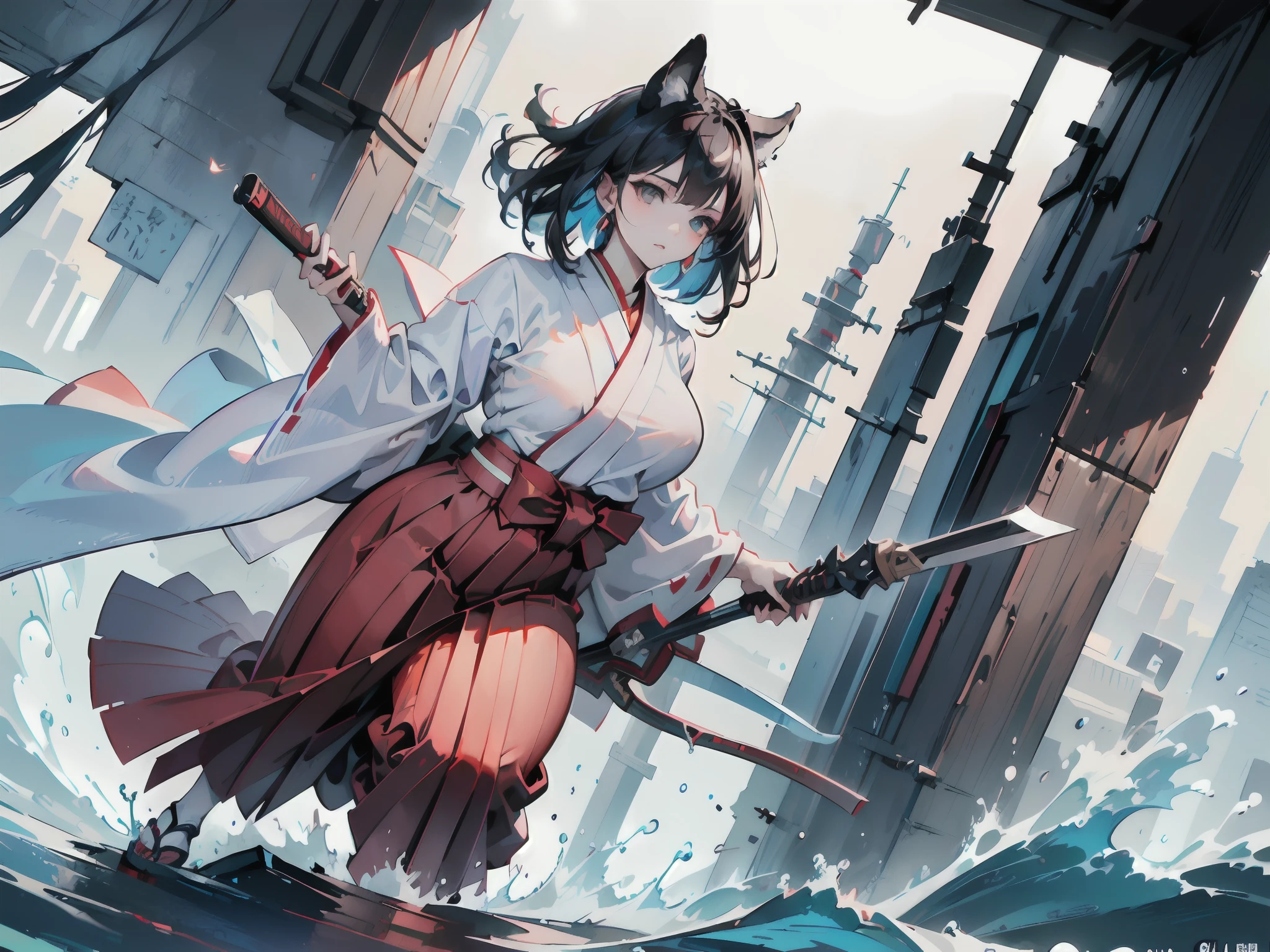 (Photorealsitic:1.4), full body Esbian, (Dynamic Angle:1.6), (Giant Demon),(One girl fighting), ((独奏:1.4)), (beautifully detailed eyes), (beautiful and detailed face), Perfect female body, (neat figure:1.2), Slender waist, (18year old),Very big eyes, watery lips, (Sober haori hakama:1.4),(Red haori and black gauntlet),(Slash in dual-wielding style:1.4),(top-quality), (ultra-detailliert), (masuter piece), (hight resolution), (Original), (the Extremely Detailed CG Unity 8K Wallpapers), Character Design, Game CG, Detailed Manga Illustration, Realistic head-to-body size ratio:1.2
