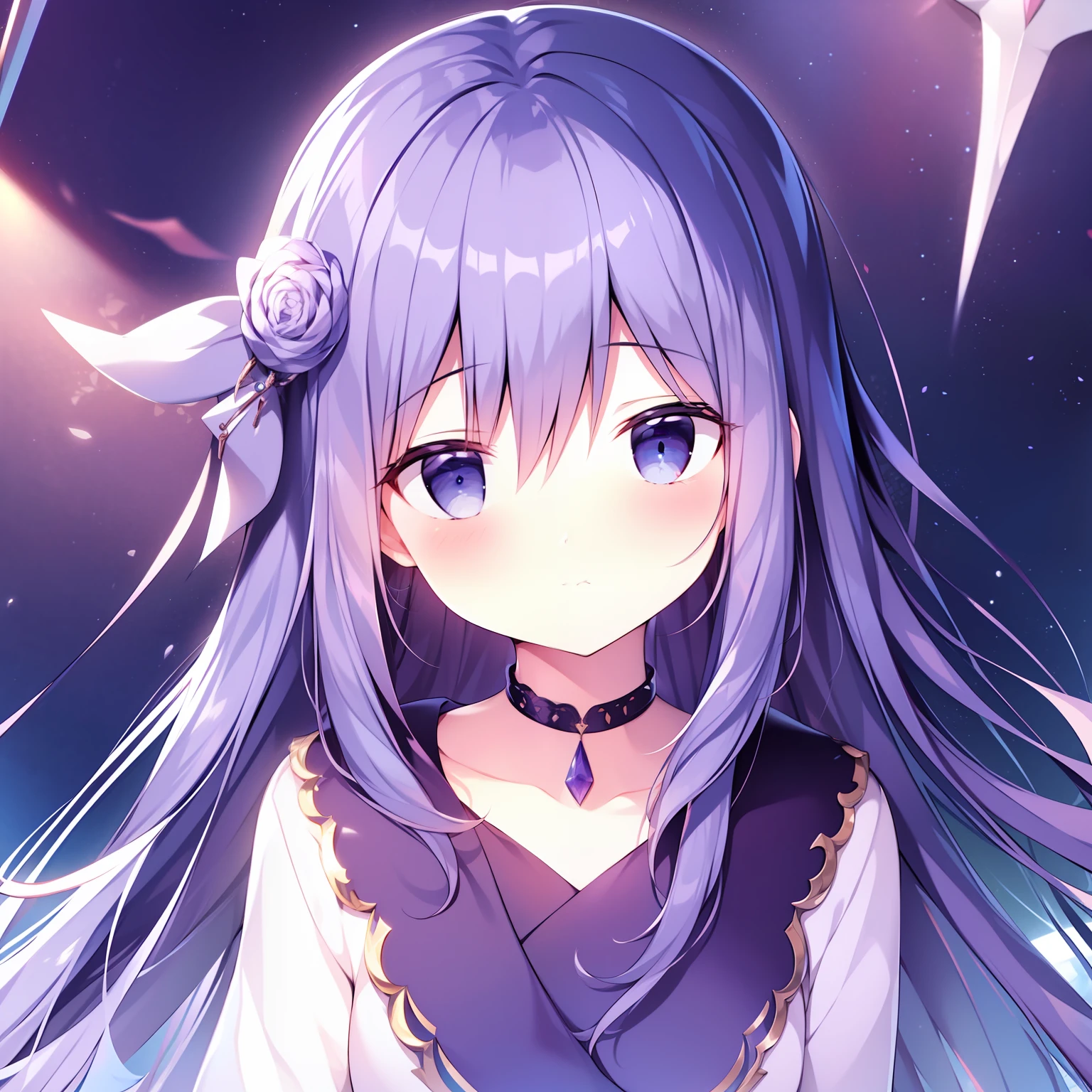 tmasterpiece,Best quality at best,1girll,独奏,lookingat_at_peeping at the viewer,By bangs,Mono Color,The upper part of the body,Closed_Mouth,purple_Background,White color hair,eBlue eyes,solo person,short detailed hair