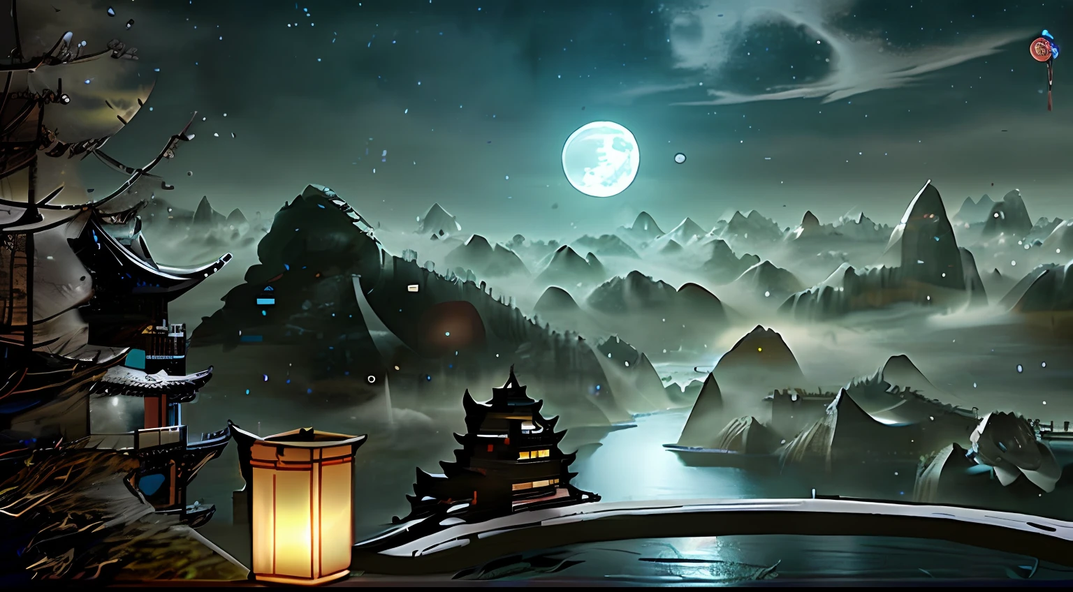 The moon hangs high，the night,Chinese Ancient Architecture，Tang Dynasty in ancient China，In the room, Feel the moonlight shining through the window,Moonlight shone in front of the window，matte painting v ray, 3d rendered matte painting, hyperdetailed 3d matte painting, hyperdetailed 3d matte painting, 3d matte painting, 3 d render and matte painting, inspired by Dong Yuan, realistic matte painting