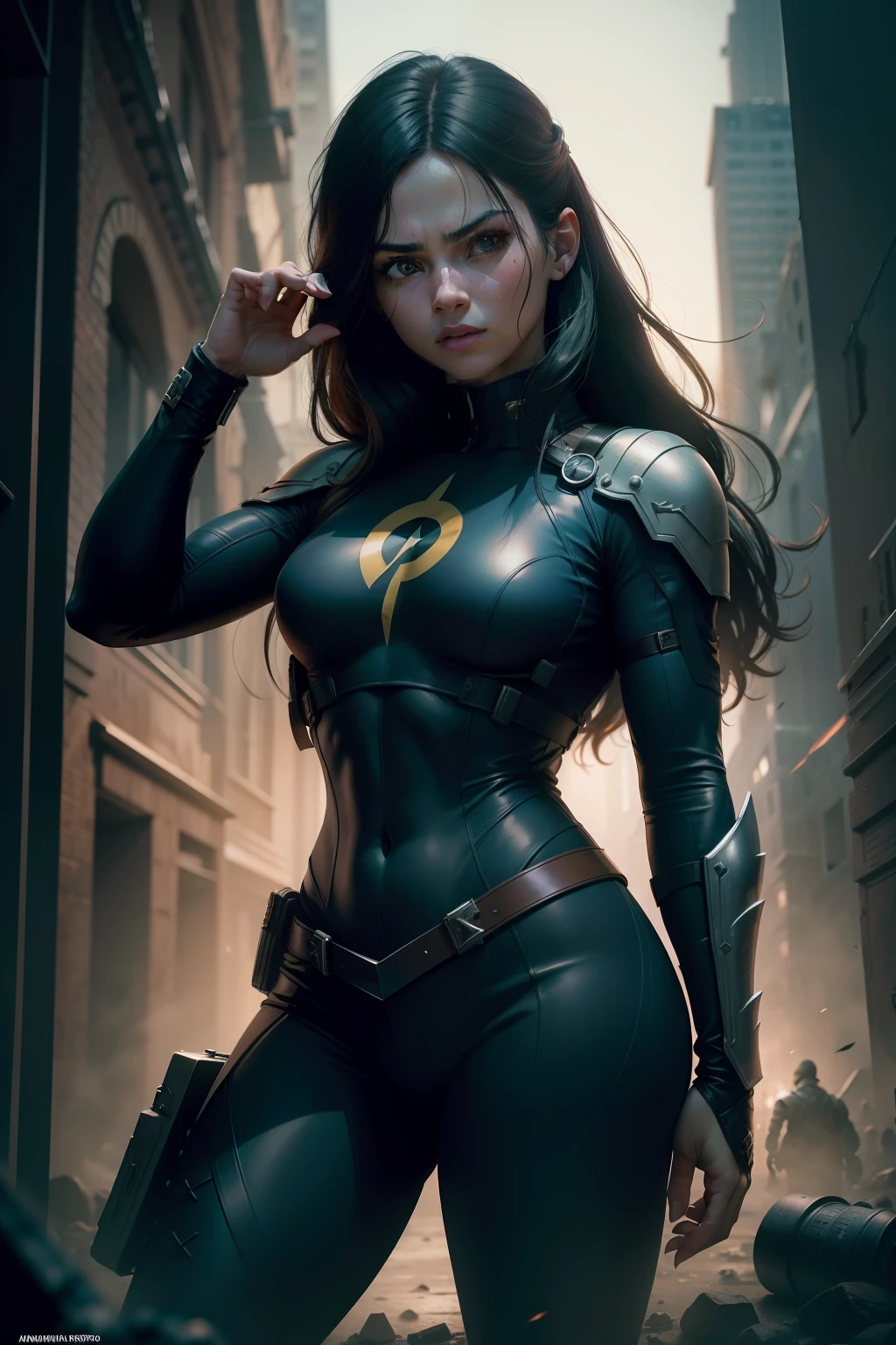 "A girl in an iconic Marvel character, Carcaju, em uniforme amarelo, adota uma postura agressiva, His sharp adamantium claws stretched menacingly. The composition captures the cashew in a long shot, permitindo que o espectador absorva a totalidade de sua postura. feroz. The camera lens used for this The photo is 70mm, increasing the sense of depth and scale. The setting is in a chaotic New York, enfatizando a intensidade da batalha. The lighting is dim, com poucas fontes dispersas, casting deep shadows that enhance the gloomy atmosphere. The desired style for this photorealistic image is cinematic, evocando o escuro, dark aesthetics often found in Marvel action movies."