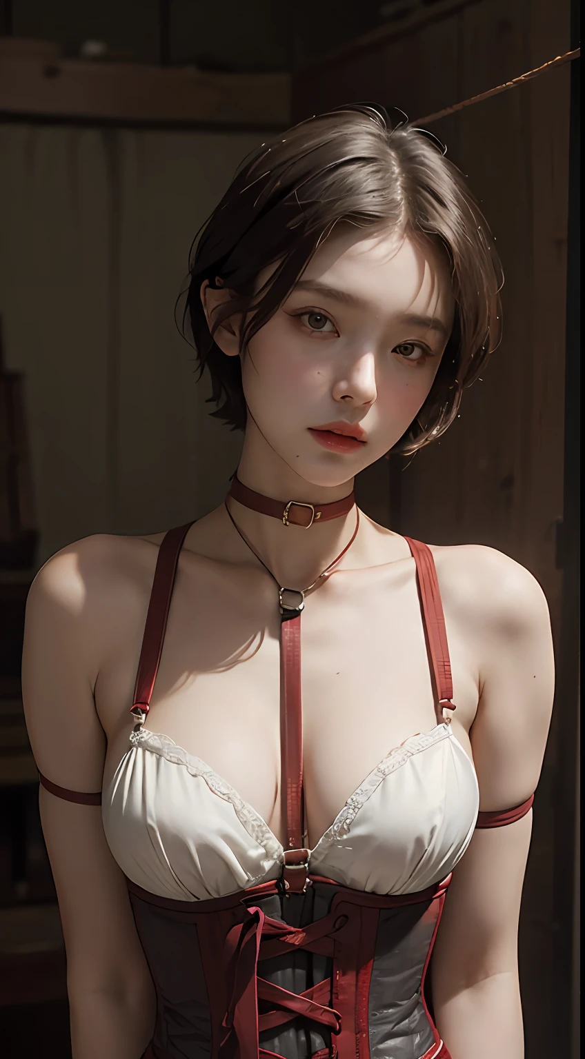 (Best Quality, Masterpiece: 1.1), (Fidelity: 1.4), 1 Girl, Upper Body, Very Short Hair, Studio, BDSM, slave, Red Corset, Bondage, Slave Collar, Slave, Panties, Woman Tied with Rope, Blindfold, Handcuffs, Bondage, BDSM, Bound