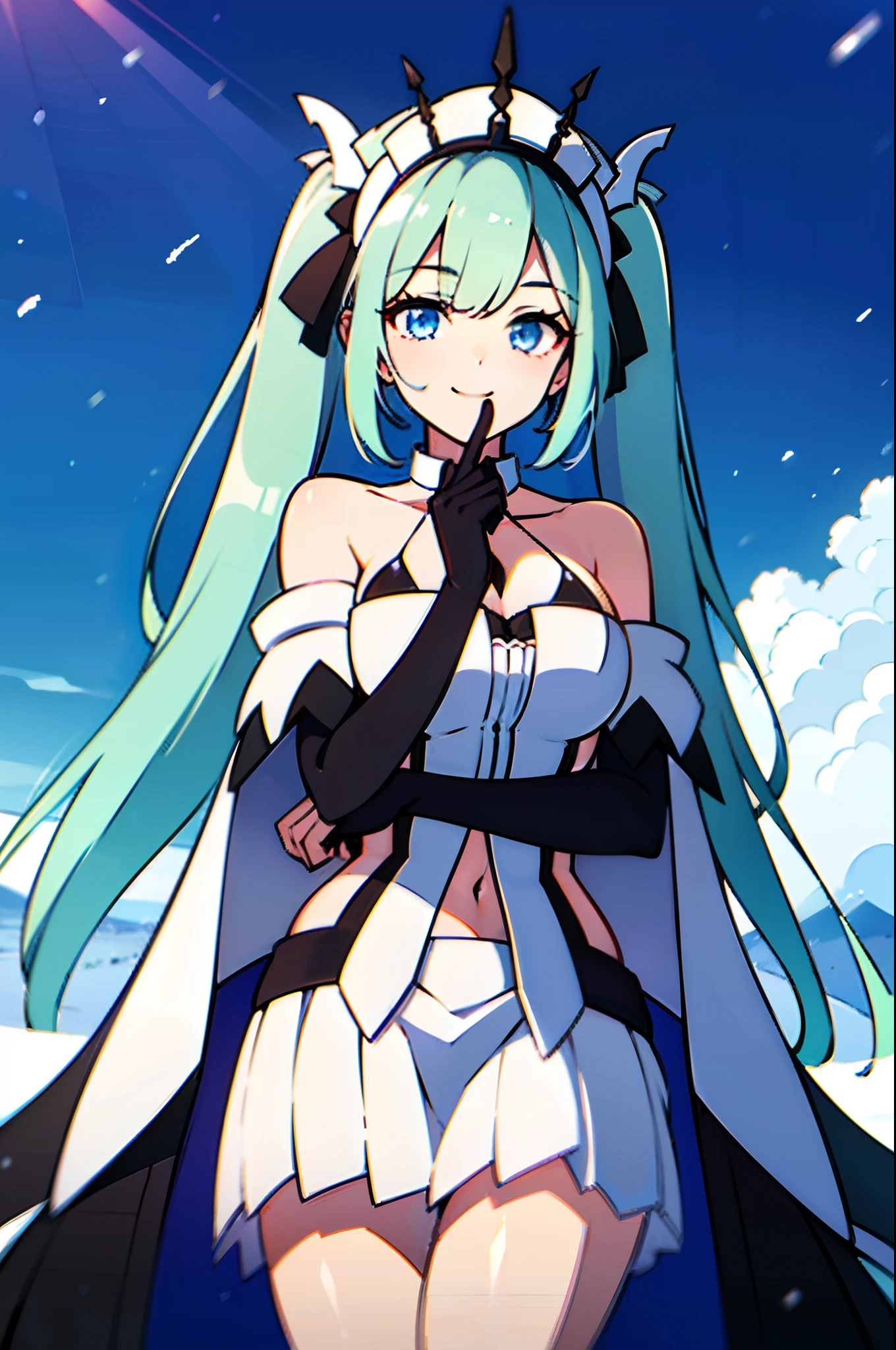 masterpiece,high resolution,detailed, best quality, ultra-detailed, illustration, an extremely delicate and beautiful, Beautiful Finger,(five fingers),
1girl, solo, light smile,
Yuki Miku, light_blue_hair, blue eyes,detached sleeves,snow,snowflakes,very long hair,Yuki Miku \(2021\),white collar,gem,cape ,white cape,twintails,white headwear,frills,pleated skirt,jewelry,wide sleeves,hair ribbon,bare shoulders ,long sleeves,Hatsune miku,Japanese clothes,snowflake print,gloves ,white gloves ,blue dress,
horizon,sky,cloud.sunlight,day,(snow),(winter),
