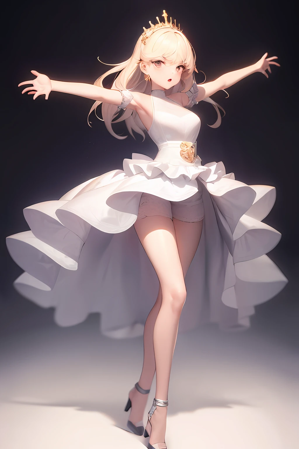 obra-prima, alto, melhor qualidade, 1girl solo, cabelos curtos e rosa, orelhinhas de coelho, usando um vestido preto de princesa, Pose frontal, open arms and legs, usando bota, 8k realista