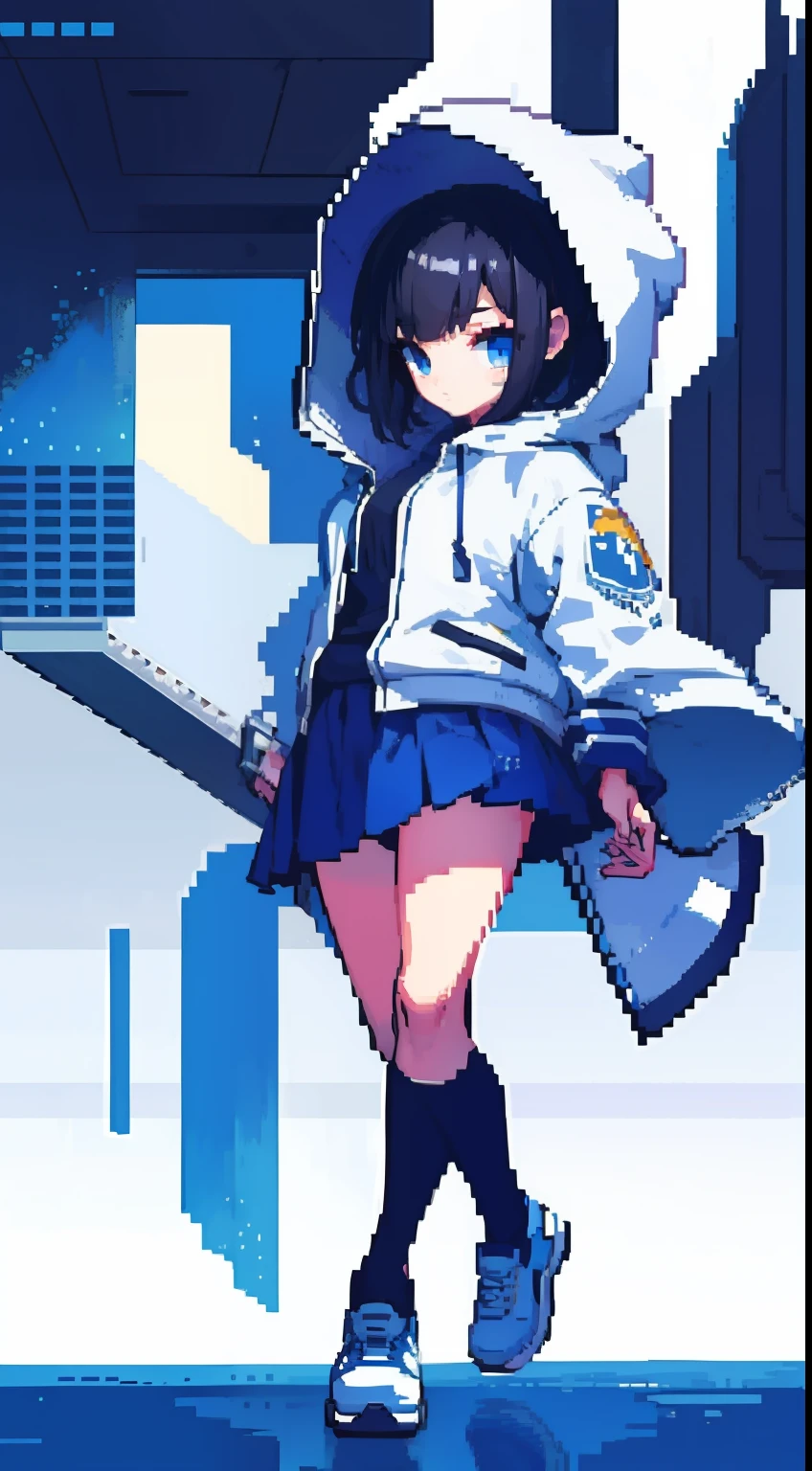 Top works,highest quality,pix,pixelart,one-girl,Short black hair, 17 years old ,Face all over the body,blue color eyes,White hooded jacket,short skirt,