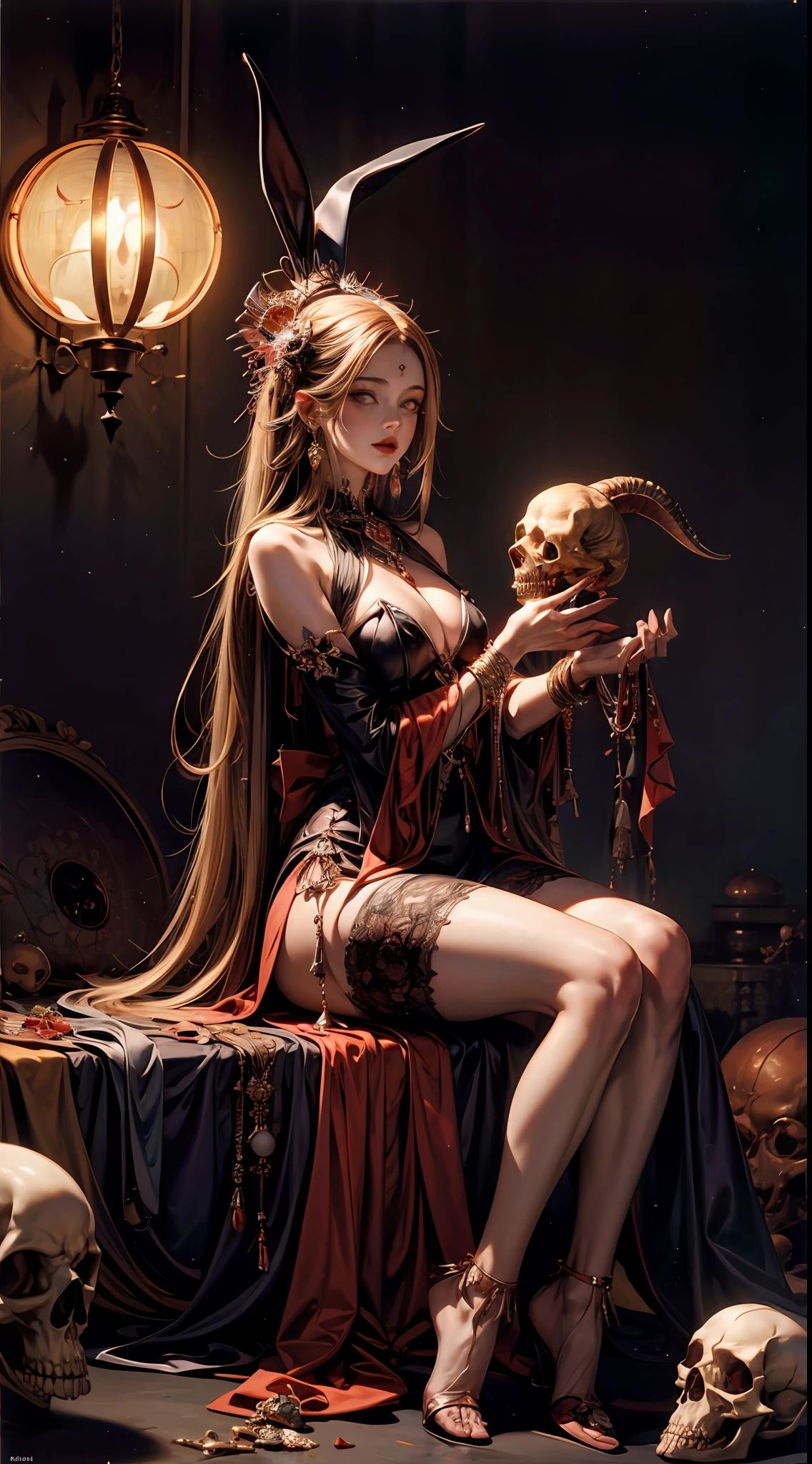 obra maestra, arte oficial, La mejor calidad, alta calidad, Foto editorial, Absurdos, Obra maestra, Detalles intrincados, Unidad de papel tapiz 8K, ultra detallado, 1Beautiful and aesthetic witch, alta calidad, Beautiful, obra maestra, La mejor calidad, (ZenConspirar, mandala, Conspirar, Conspirar: 0.6), bajo contraste, 1linda sirvienta de 1demonios pastel, red, green gold, morado, colores pastel brillantes, kawaii, (horror), horripilante, rabbit skull, goat skull, en el infierno, espeluznante, demonios, garras, better lighting, Cara hermosa, Manos humanas detalladas, Gufeng, centrado Mejor calidad, alta calidad, Foto editorial, Absurdos, Obra maestra, Detalles intrincados