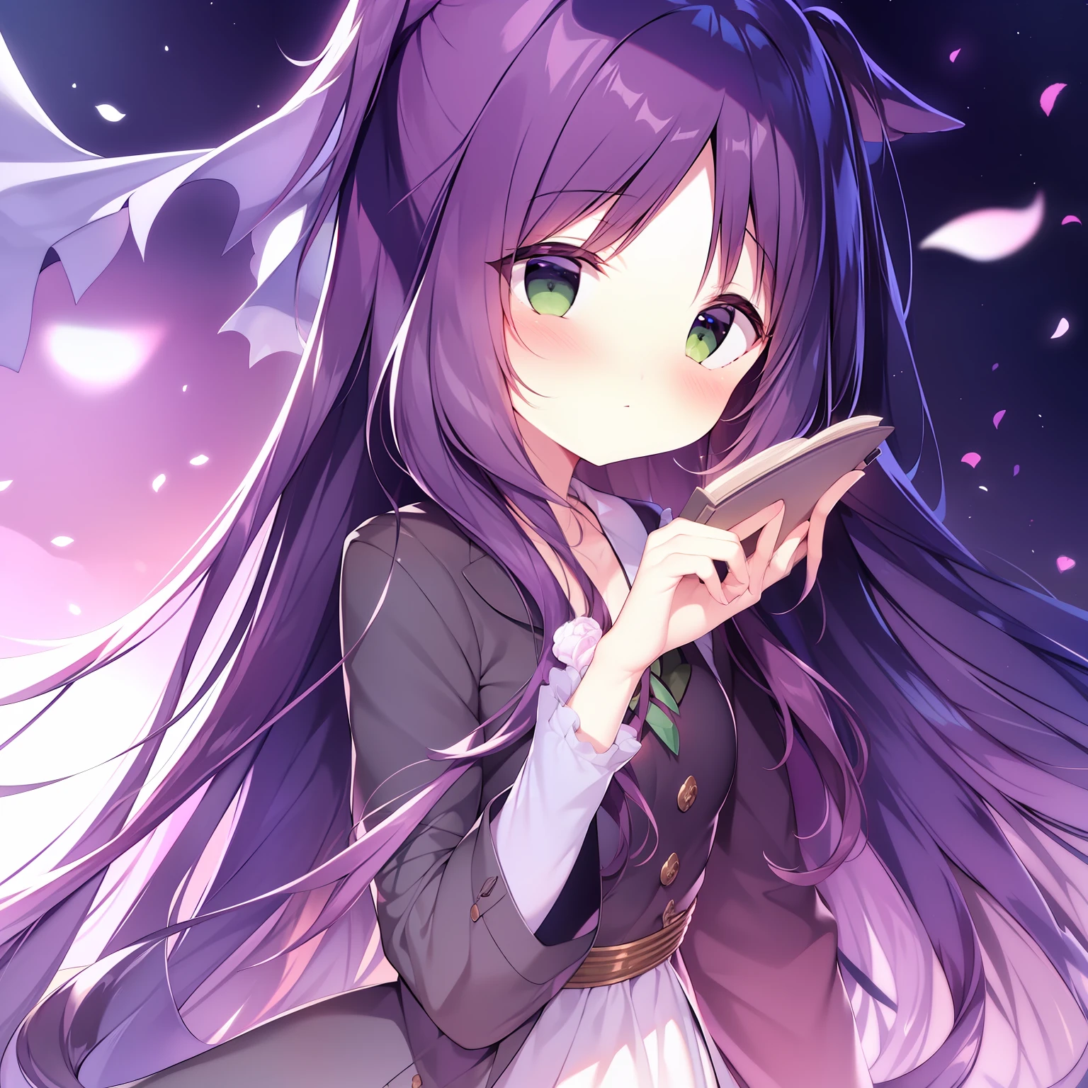 tmasterpiece,Best quality at best,1girll,独奏,lookingat_at_peeping at the viewer,By bangs,Mono Color,The upper part of the body,Closed_Mouth,purple_Background,Red color hair,green-eyed,solo person,