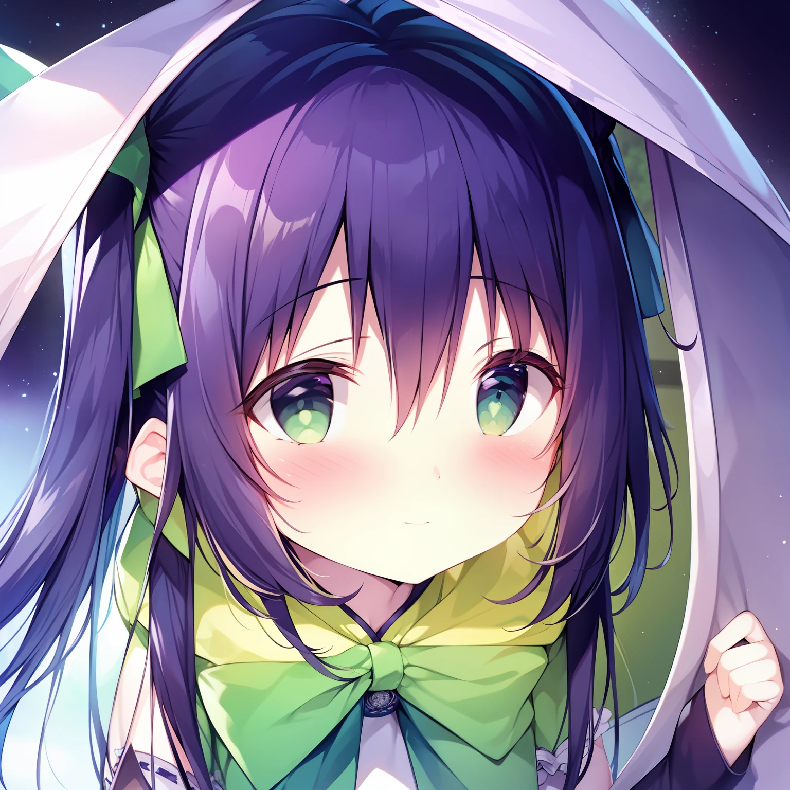 tmasterpiece,Best quality at best,1girll,独奏,lookingat_at_peeping at the viewer,By bangs,Mono Color,The upper part of the body,Closed_Mouth,purple_Background,Blue-colored hair,green-eyed,solo person,