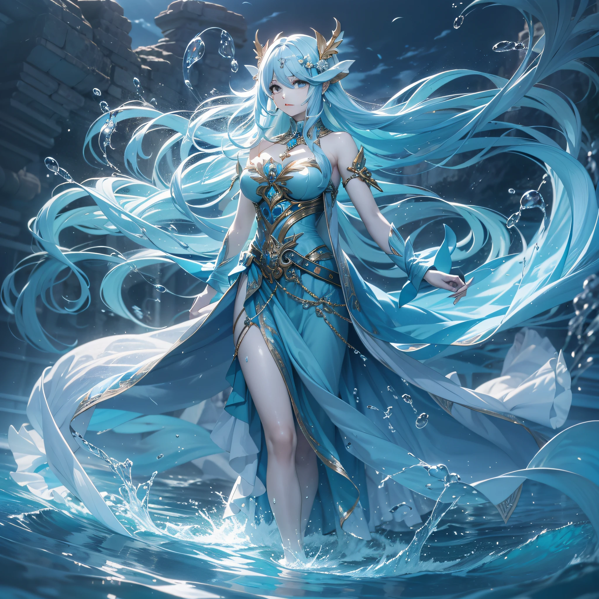 Water Goddess、A beautiful goddess with long light blue hair who freely manipulates water and tries to unleash like a whip、Combat stance、masterpiece、realisitic