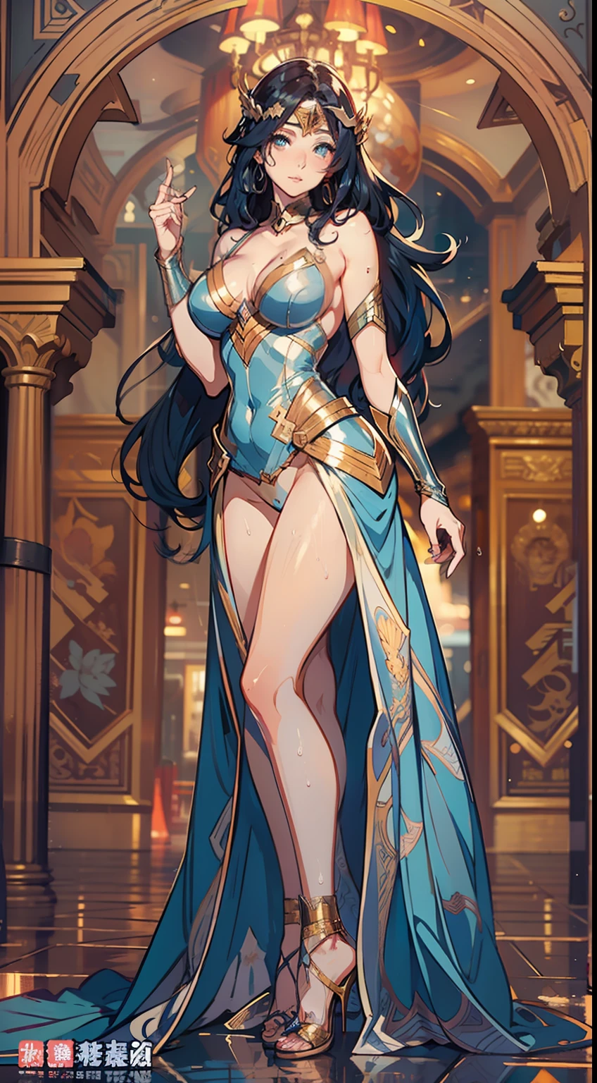 beautiful lady, Alphonse Mucha's style, light reflections, voluminetric lighting,sexy big breasts exposed,1female,aged 40,Huge breasts,Pornographic exposure, 独奏,(Background with:space), She has long flowing hair, standing on your feet,Sweat profusely,drenched all over the body,,blue color eyes,frontage,Blue straight hair, curlies,classicism,Wonder Woman three-point uniform(((tmasterpiece),(Very detailed CG unity 8K wallpaper),best qualtiy,cinmatic lighting,detailed back ground,beatiful detailed eyes,Bright pupils,(Very fine and beautiful),(Beautiful and detailed eye description),ultra - detailed,tmasterpiece,)),facing at camera,A high resolution,ultra - detailed),熟妇,mature,revealing breasts,facing at camera,Flushed complexion,Orgasmic face,Pornographic exposure,Protruding underparts,Camel toes,with no underpants,legs are open,frontage,Beautiful and sexy full-body photo,((独奏)),At the pier,high-heels,Craving sexual,