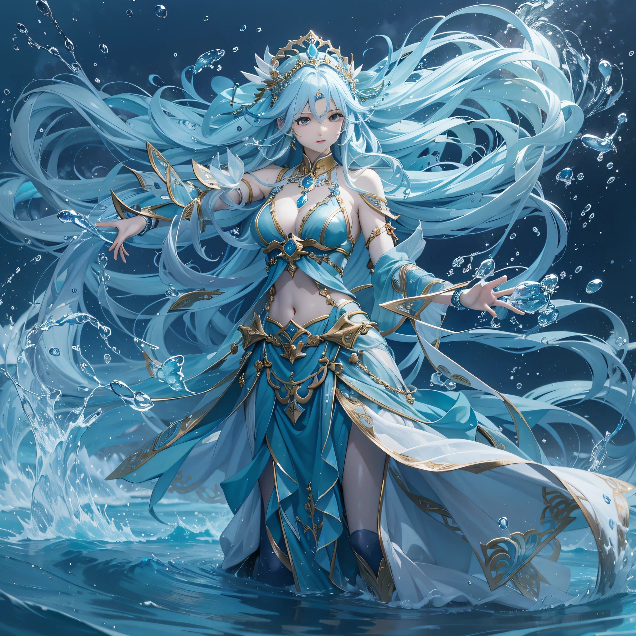Water Goddess、A beautiful goddess with long light blue hair who freely manipulates water and tries to unleash like a whip、Combat stance、masterpiece、realisitic