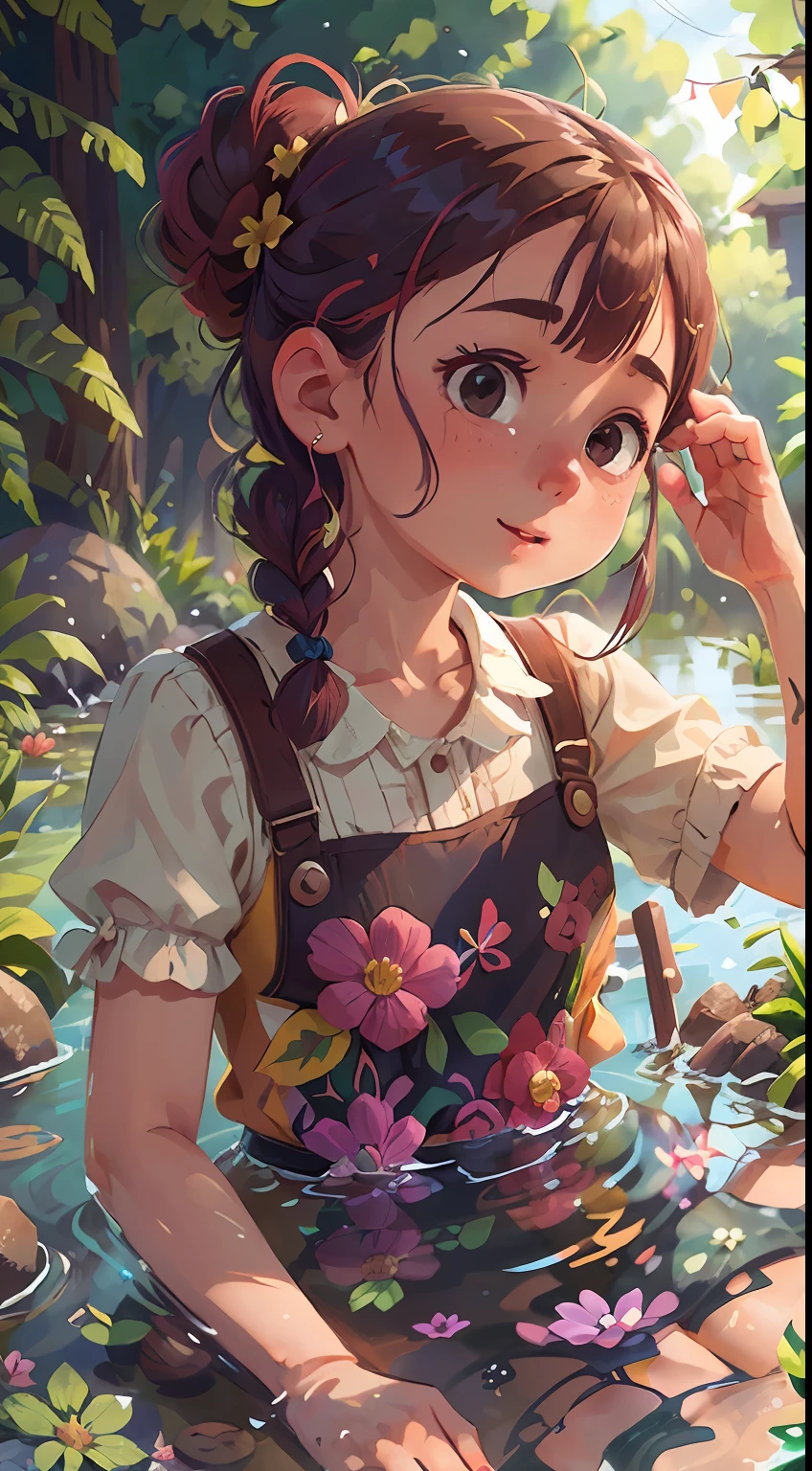 Girl with colorful hair, updo hairstyle, Paddling, Pond, Summer, Perfect Quality, Clear Focus (Clutter - Home: 0.8), (Masterpiece: 1.2) (Realistic: 1.2) (Bokeh) (Best Quality) (Detailed skin: 1.3) (Intricate Details) (8K) (Detail Eyes) (Sharp Focus), (Happy)