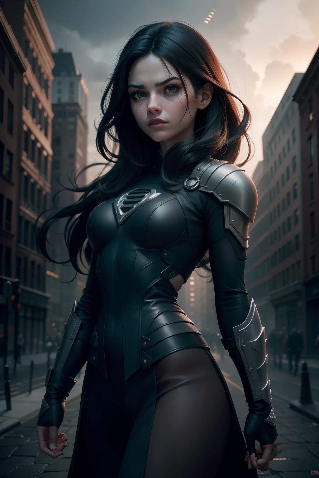 "A girl in an iconic Marvel character, carcaju, adota uma postura agressiva, His sharp adamantium claws stretched menacingly. The composition captures carcashew in a long shot, permitindo que o espectador absorva a totalidade de sua postura feroz. The camera lens used for this The photo is 70 mm, increasing the sense of depth and scale. The backdrop is in a chaotic New York City, enfatizando a intensidade da batalha. The lighting is dim, with only a few scattered fountains casting shadows deep into the gloomy atmosphere. The desired style for this photorealistic image is cinematic, evoking the dark, dark aesthetic often found in action-packed Marvel movies."