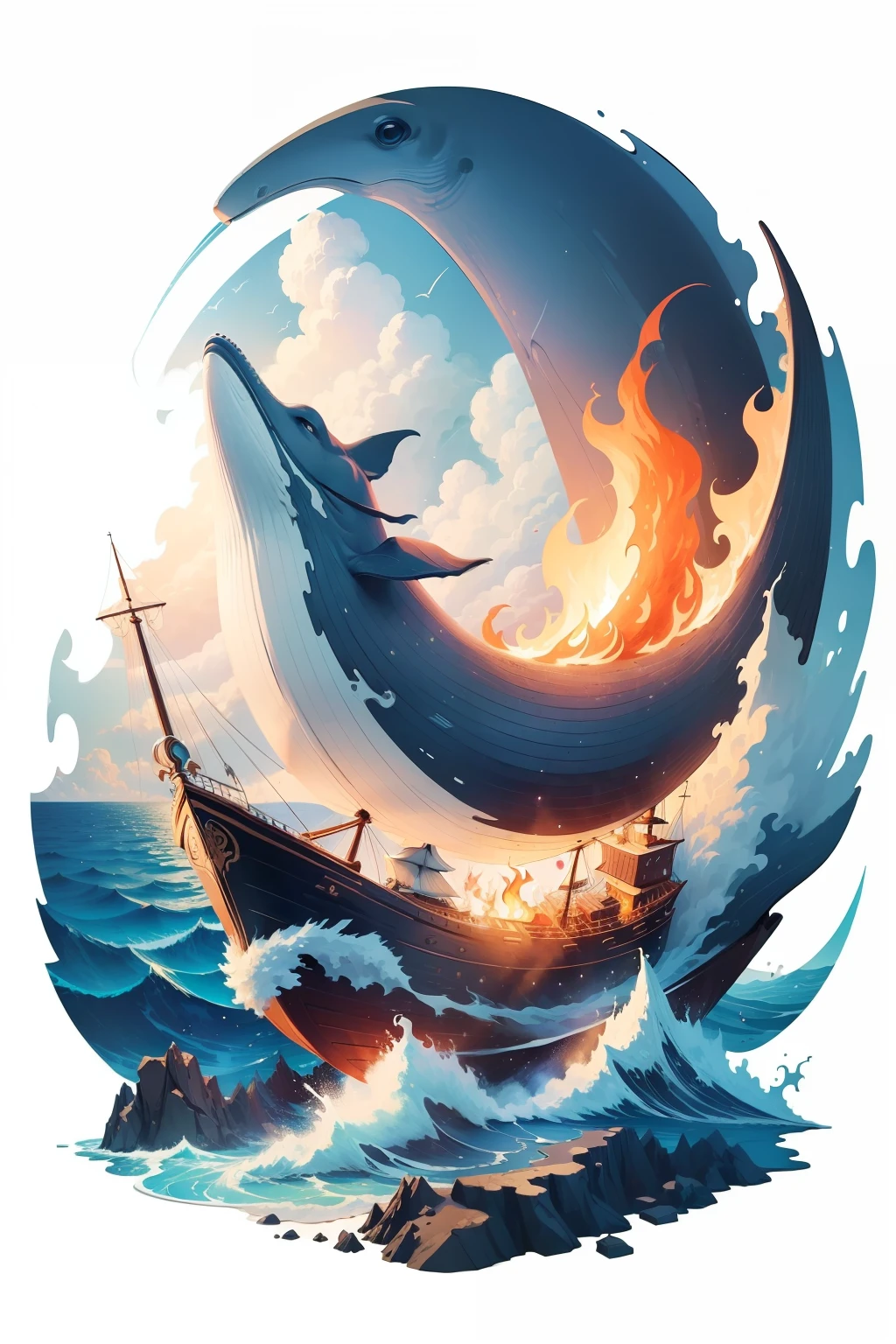 (((masterpiece))),best quality, illustration, fire, ocean, whale, boat, cloud, star \(symbol\), paper_cut, (white background:1.1)