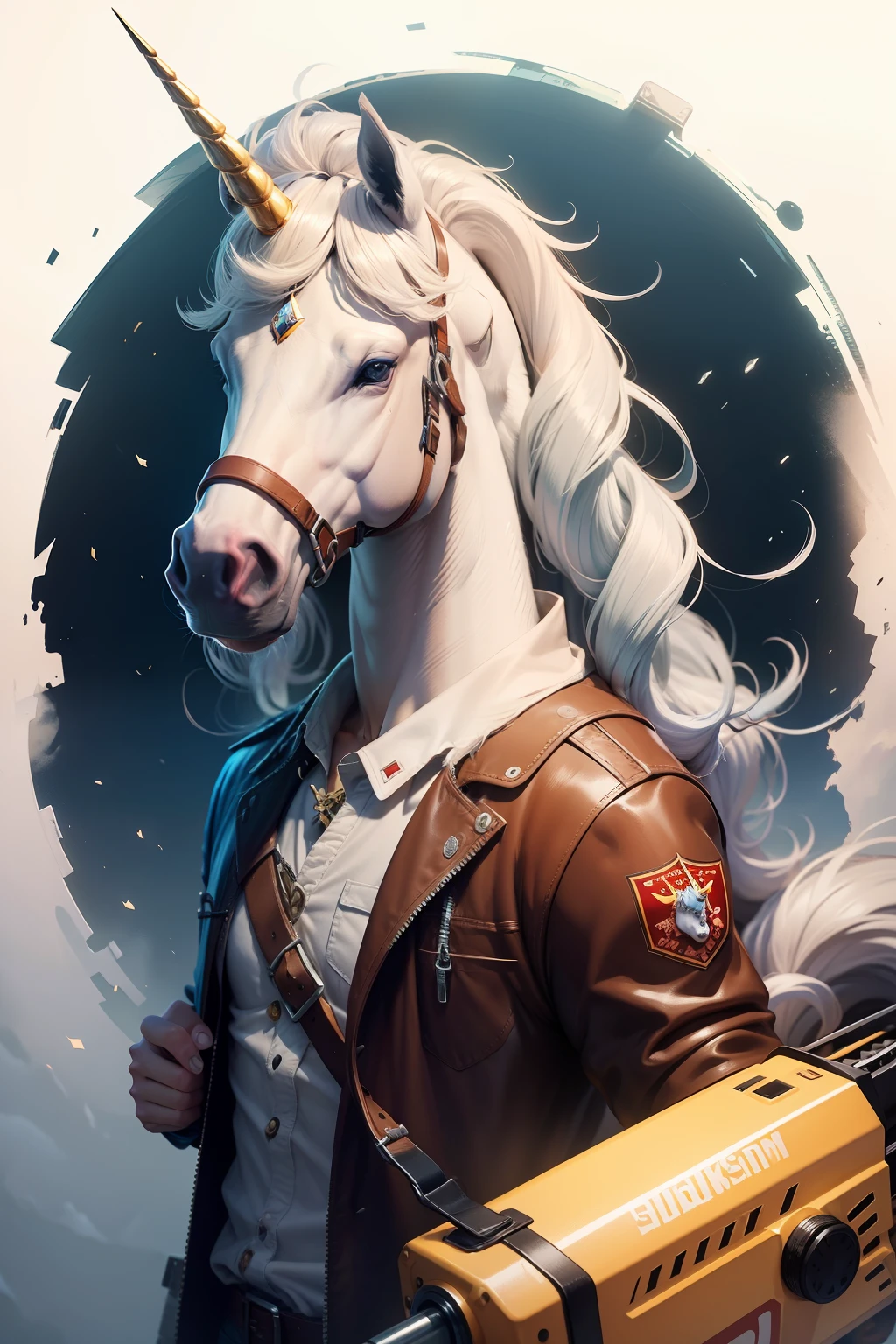 a cartoon horse with a chainsaw on its head, unicorn from the tusk movie, unicorn, blue unicorn, a unicorn