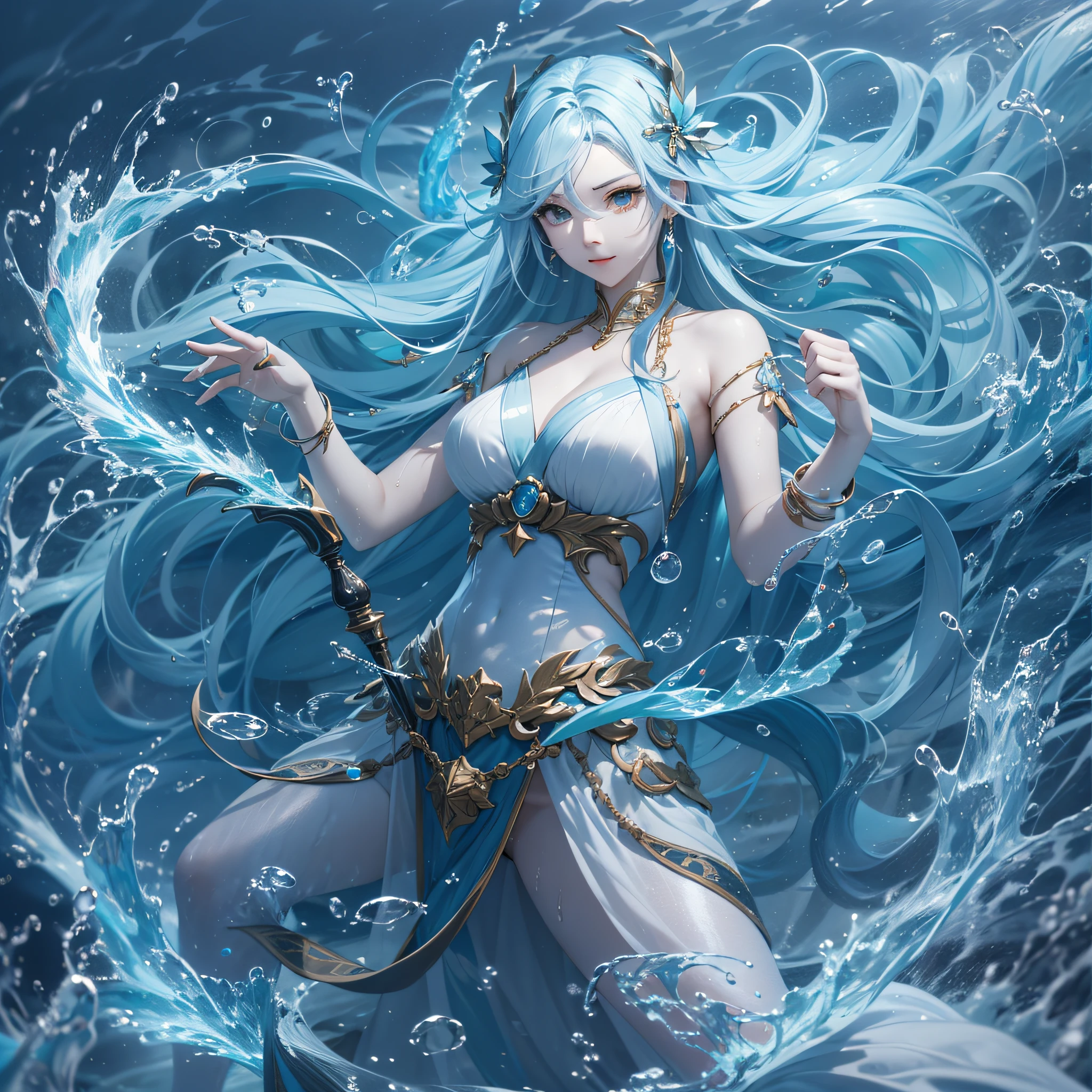 Water Goddess、A beautiful goddess with long light blue hair who freely manipulates water and tries to unleash like a whip、Combat stance、​masterpiece、realisitic